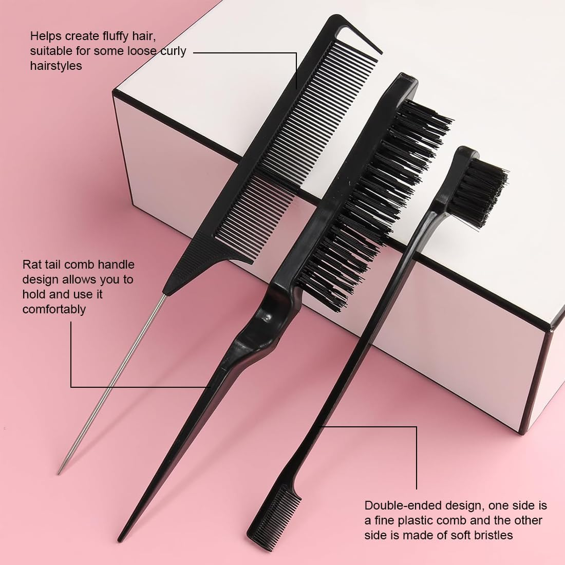 JRYXDS Sleek Bun Brush Set Double Edge Brush Rat Tail Comb Bristles Haircut Hair Comb for Hairdresser Women Baby Children (Black) image number 4