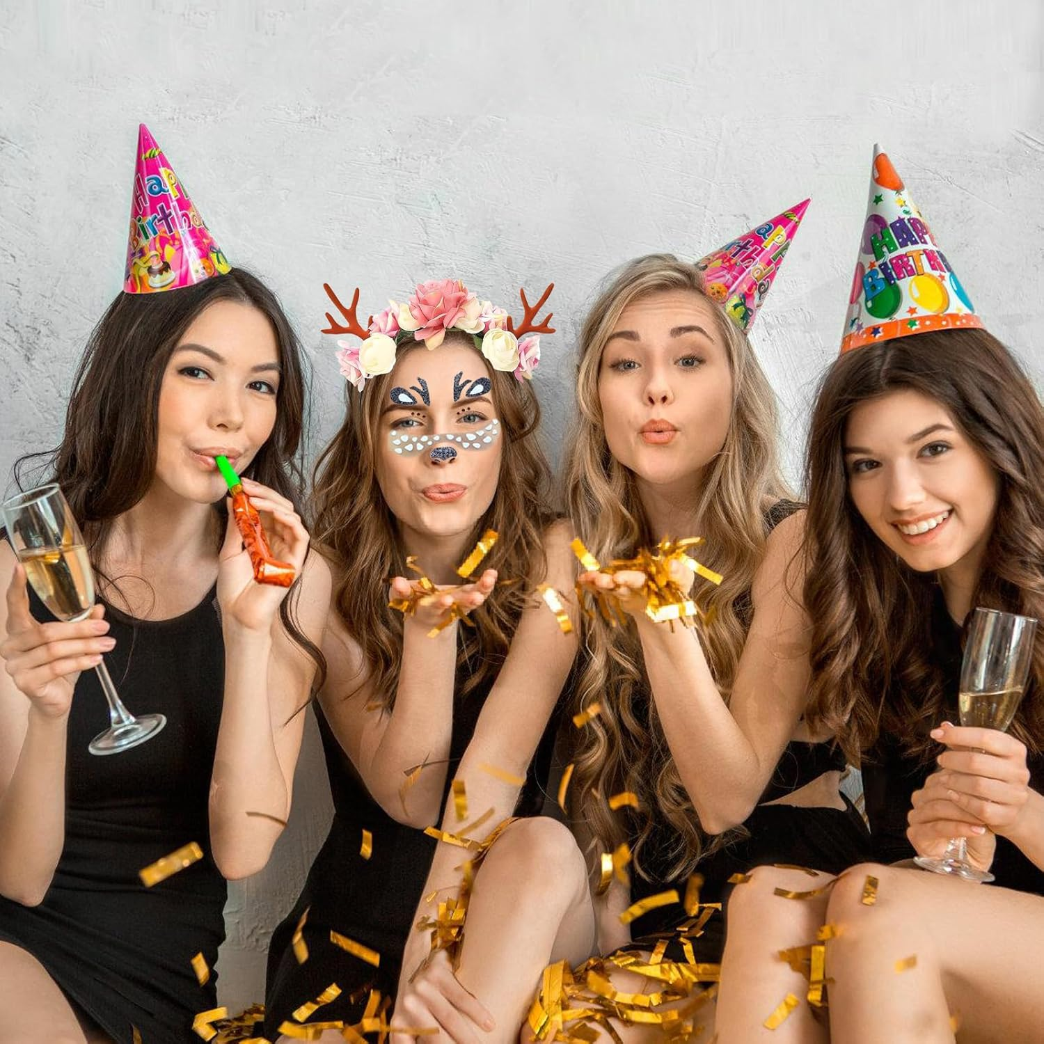 YUNHENTONG Deer Antler Headband + Deer Face Tattoo, Headband with Reindeer Antlers Headband for Carnival Halloween