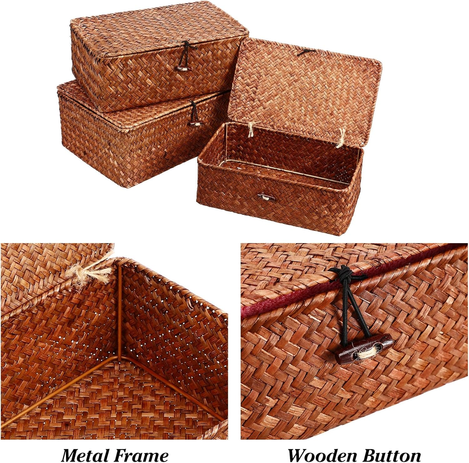 LIFKICH 3Pcs Handwoven Rattan Storage Baskets with Lid, Rustic Seagrass Sundry Organizer Boxes for Living Room and Coffee Table, Dustproof Desktop Storage Set (Large, Medium, Small) image number 2