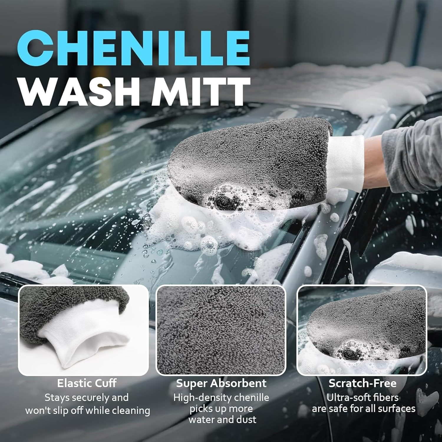 Car Wash Kit, 9Pcs Car Detailing Towel Set with Storage Bag, Auto Cleaning Tools, Microfiber Mitts Drying Towel Waffle Cloths Wheel Brush Waxing Sponge for Interior, Exterior Cleaning (Grey) image number 6