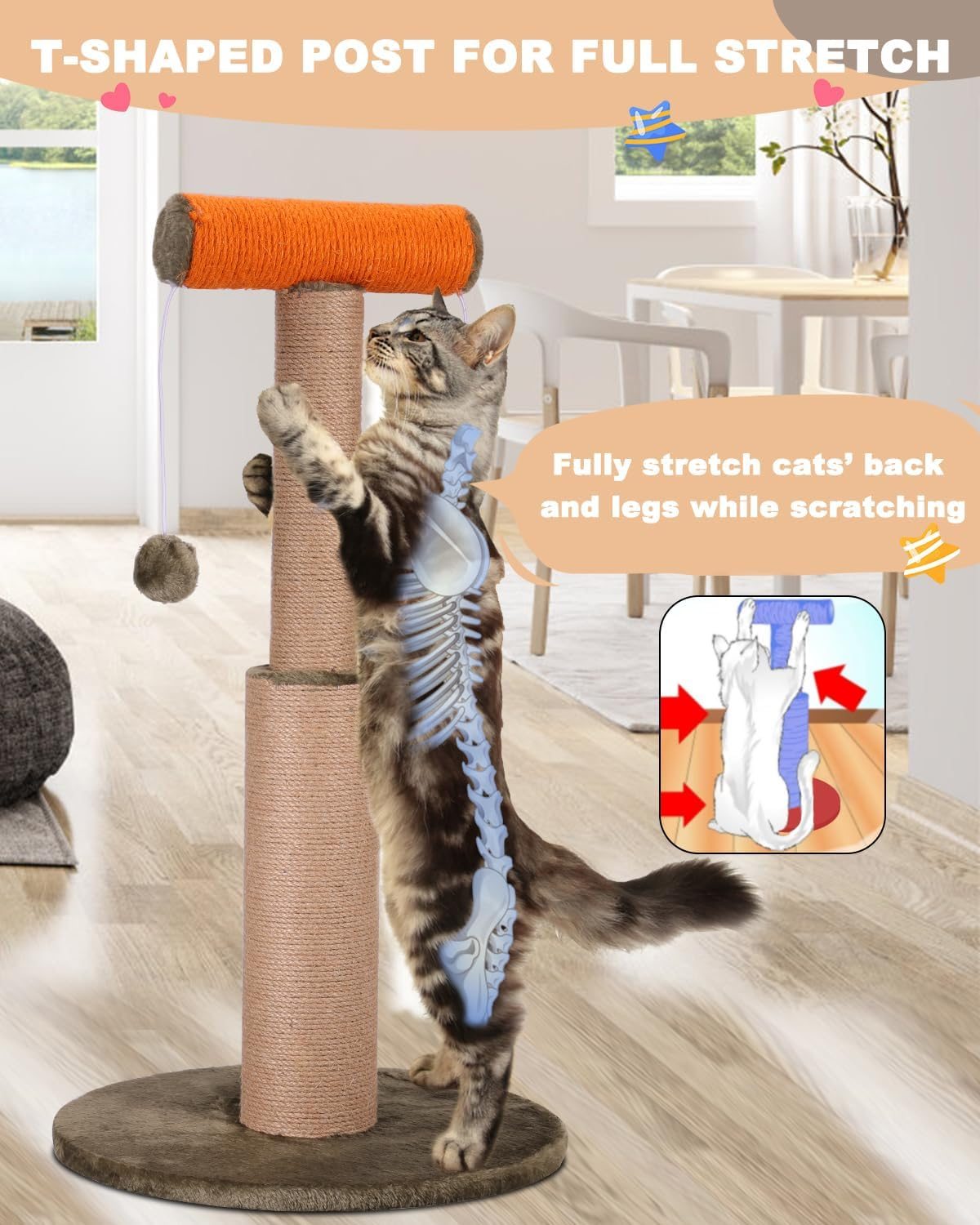 Cat Scratching Post, 29.5&rdquo; Tall Scratch Posts Sisal Scratcher with Hanging Plush Ball Toys for Indoor Adult Cats & Kittens image number 1