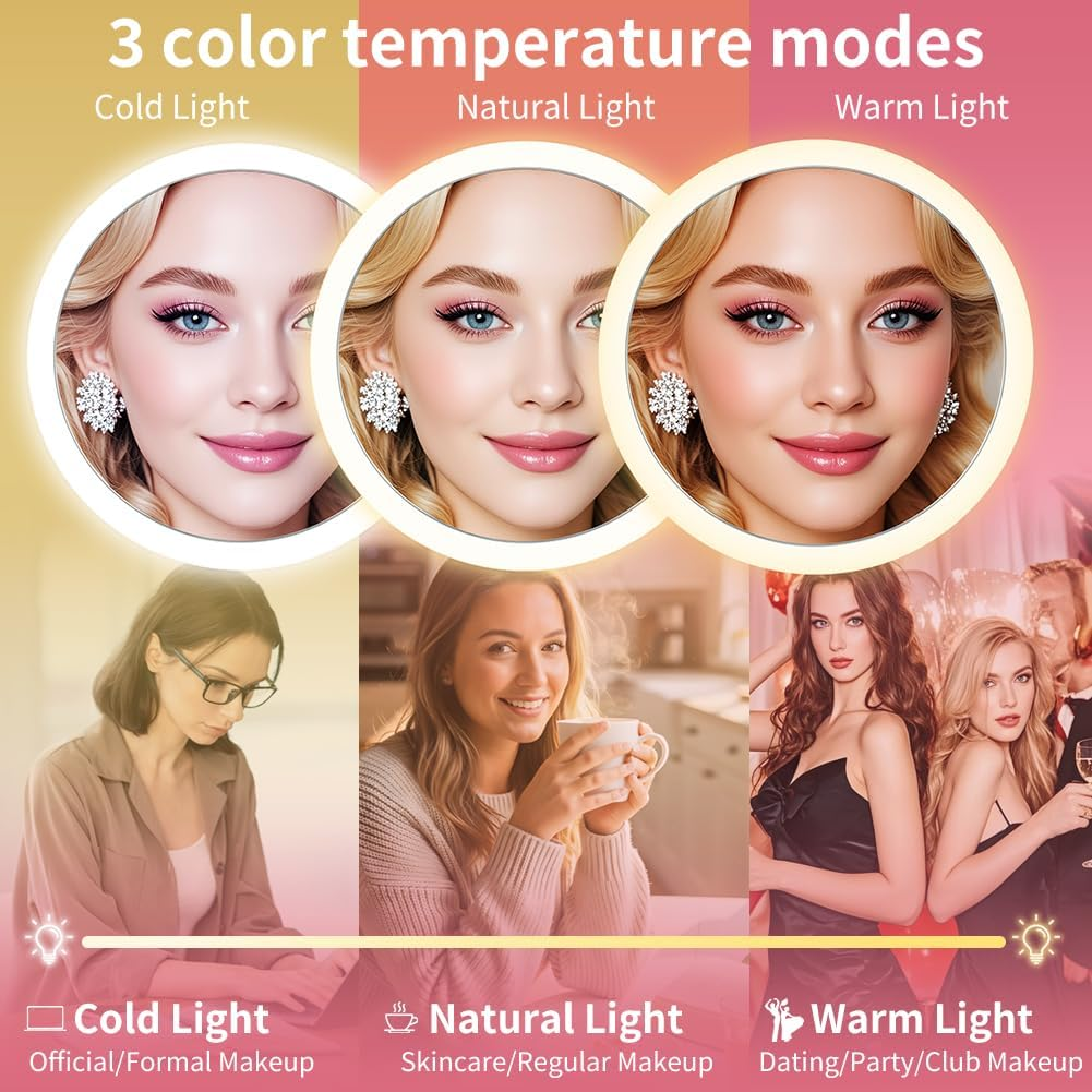 Compact Suction Cup Makeup Mirror, 30X Makeup Mirror with Light, Folding Dimmable Touch Screen Mirrors, Rechargeable 3 Colors Modes and Adjustable Brightness for Bathroom Travel