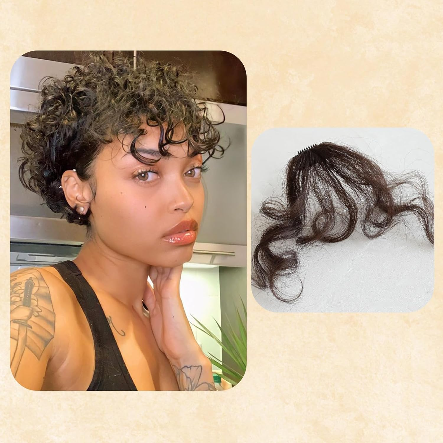 NICENEEDED Clip for Long Curly Fringe Natural Wavy French Pony Curly Air Pony with Clip Wispy Bangs with Temples Hairpieces Fake Fringe Bangs image number 5