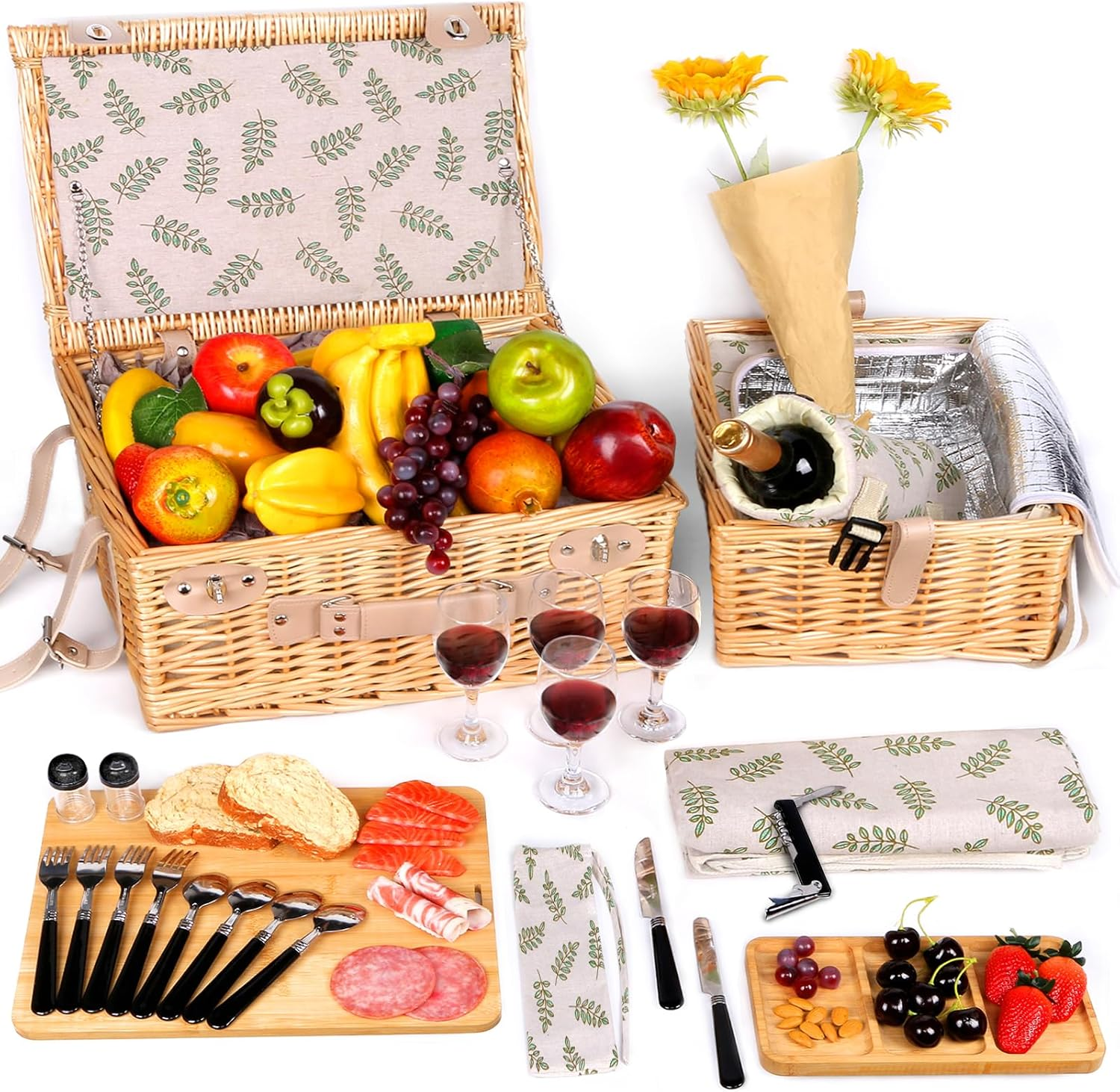 Hap Tim Dual Wicker Picnic Basket Set with Blanket Charcuterie Boards for 2/4/6 - Unique Gifts Ideas for Couple, Engagement, Wedding, Bridal Shower, Family, Christmas - White Elephant Gifts for Adults image number 5