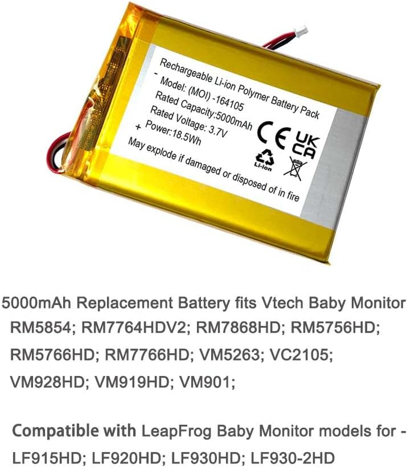 5000Mah Battery Replacement for Vtech RM7764HDV2, RM5854HD, RM7766HD,VM5263, VC2105, RM7868 2HD, VM928HD, VM901, RM5766HD, VM919HD, Leapfrog LF915, LF920, LF930 HD Video Baby Monitor image number 2
