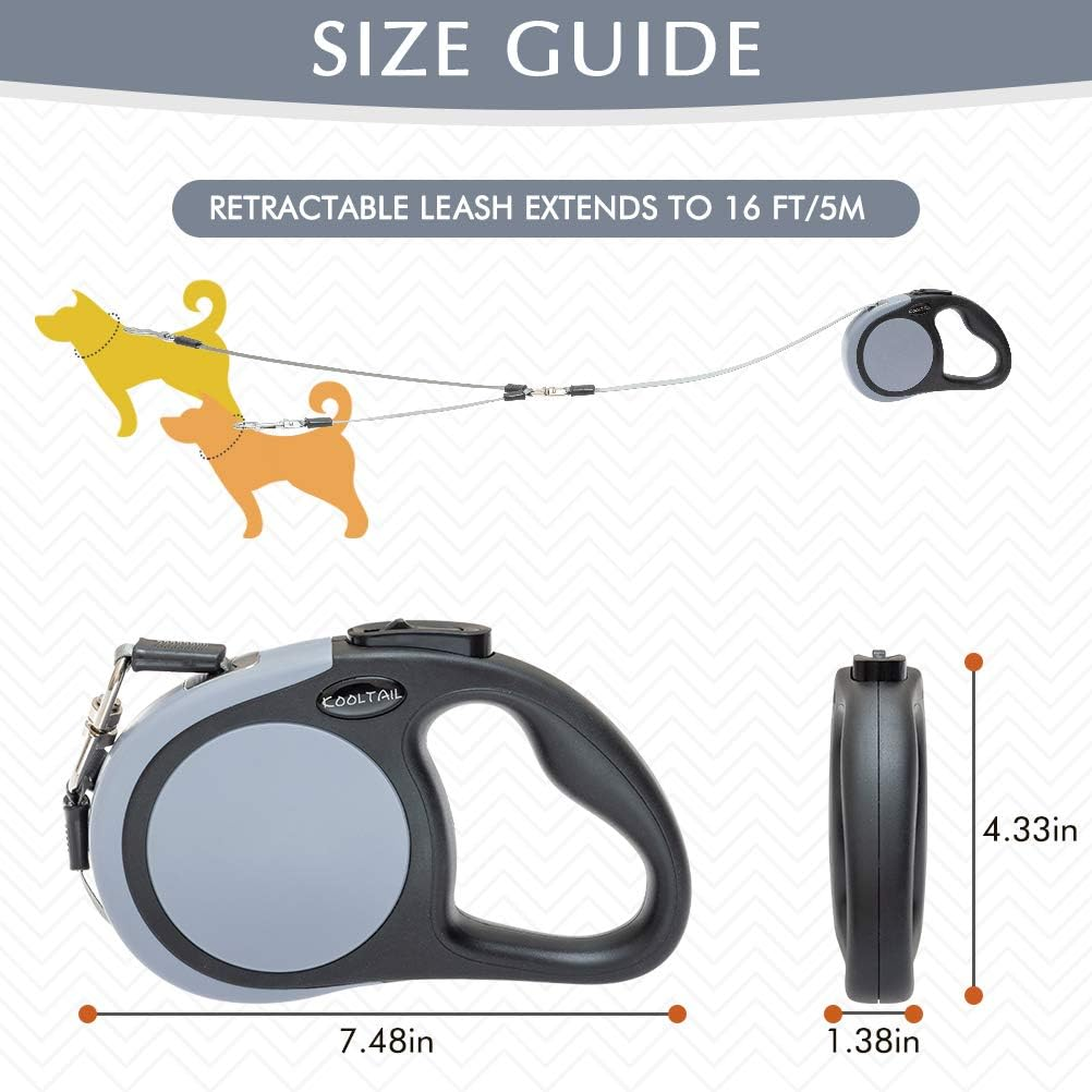 KOOLTAIL Dual Retractable Dog Leash for Two Dogs up to 110 Lbs, Heavy Duty Double Headed 16 Ft Flexi Extendable 360&deg; Tangle-Free One Button & Lock Brake Dog Leash for Small Medium Large Dogs Grey - Grey Solid image number 3