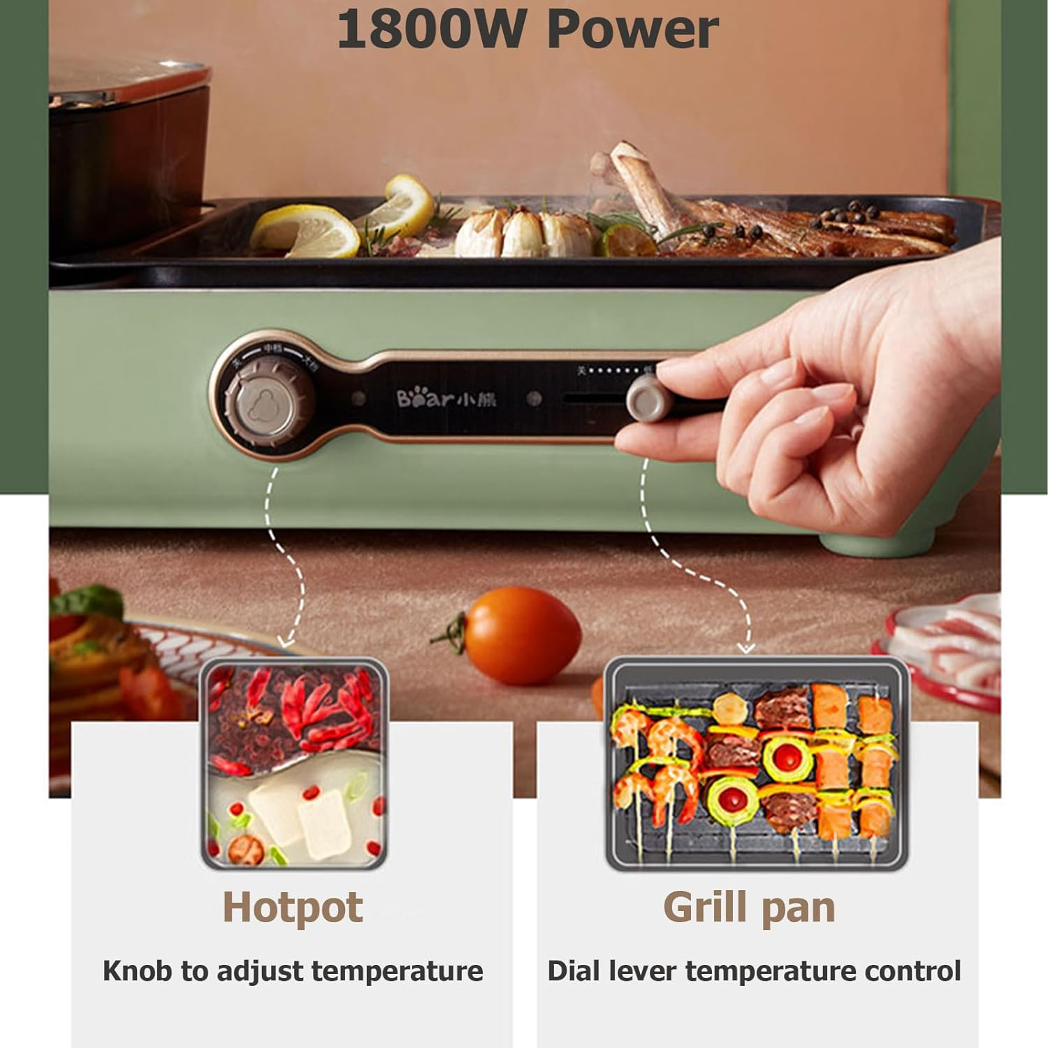 Electric Grill with Hot Pot, 2 in 1 Indoor Non-Stick Electric Hot Pot and Grill Cooker for Korean BBQ, Steaks, Shabu Shabu and Noodles, Independent Dual Temperature Control, Fast Heating, Green image number 2