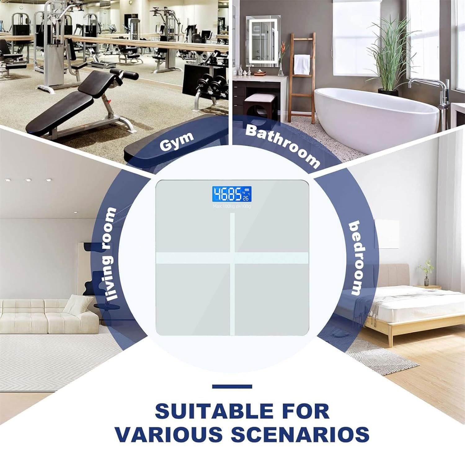 Wesoke Digital Bathroom Scale for Body Weight, Highly Accurate Rechargeable Scale, High Precision Body Fat Scale with LED Display & Tempered Glass & Thermometer, Measures Weight up to 180Kg, White image number 1