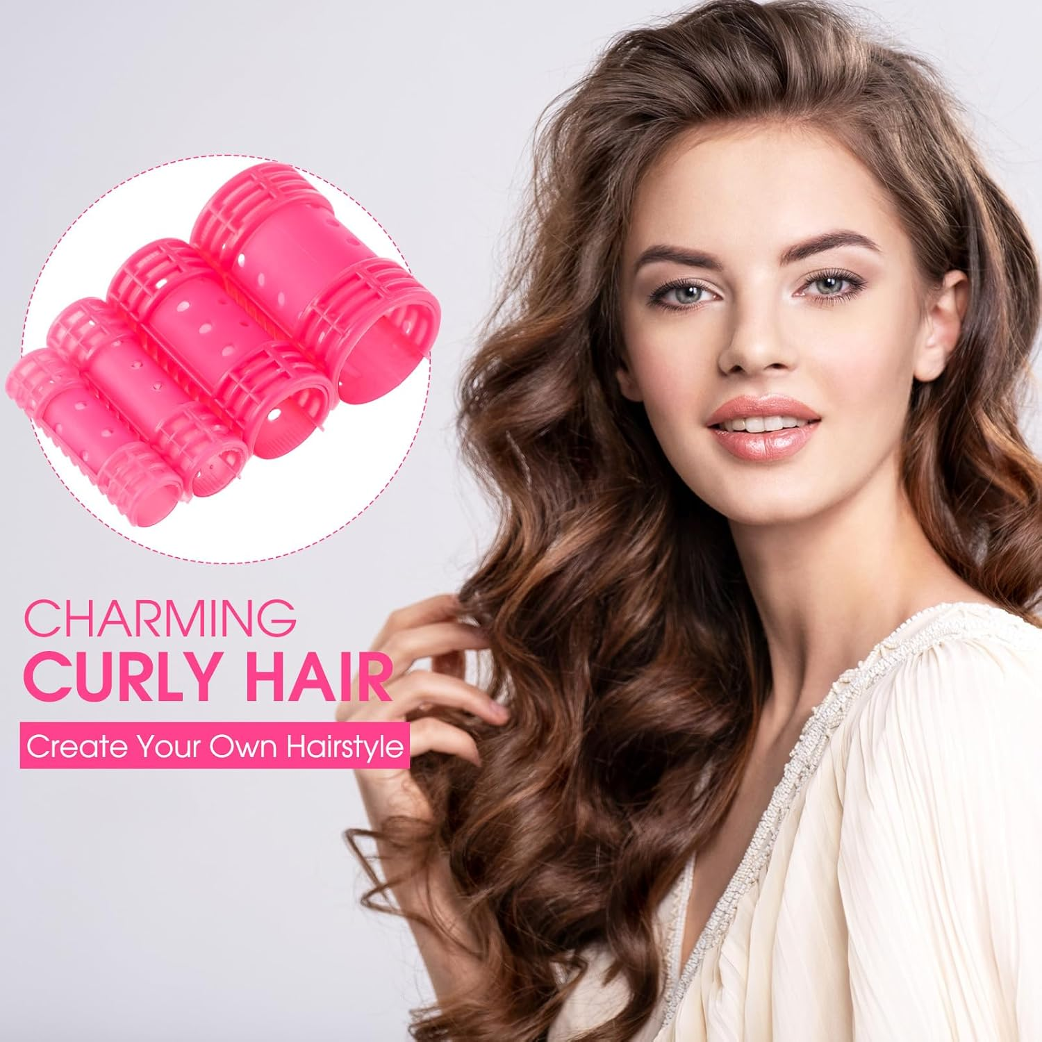 WILLBOND 65 Pieces Magnetic Rollers Plastic Rollers Hair Curlers Set 4 Sizes for Long Medium Short Hair, Duck Clips Hairnet Hairdressing Styling Tool (Pink) - Green image number 3