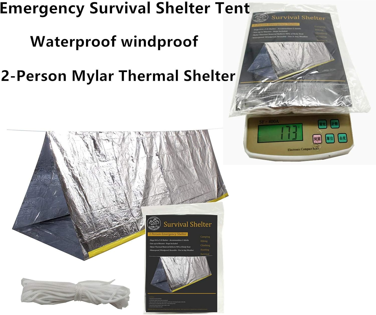 Emergency Survival Shelter Tent, 59 X 98.4Inch Waterproof 2-Person Mylar Thermal Shelter for Hiking Camping image number 1