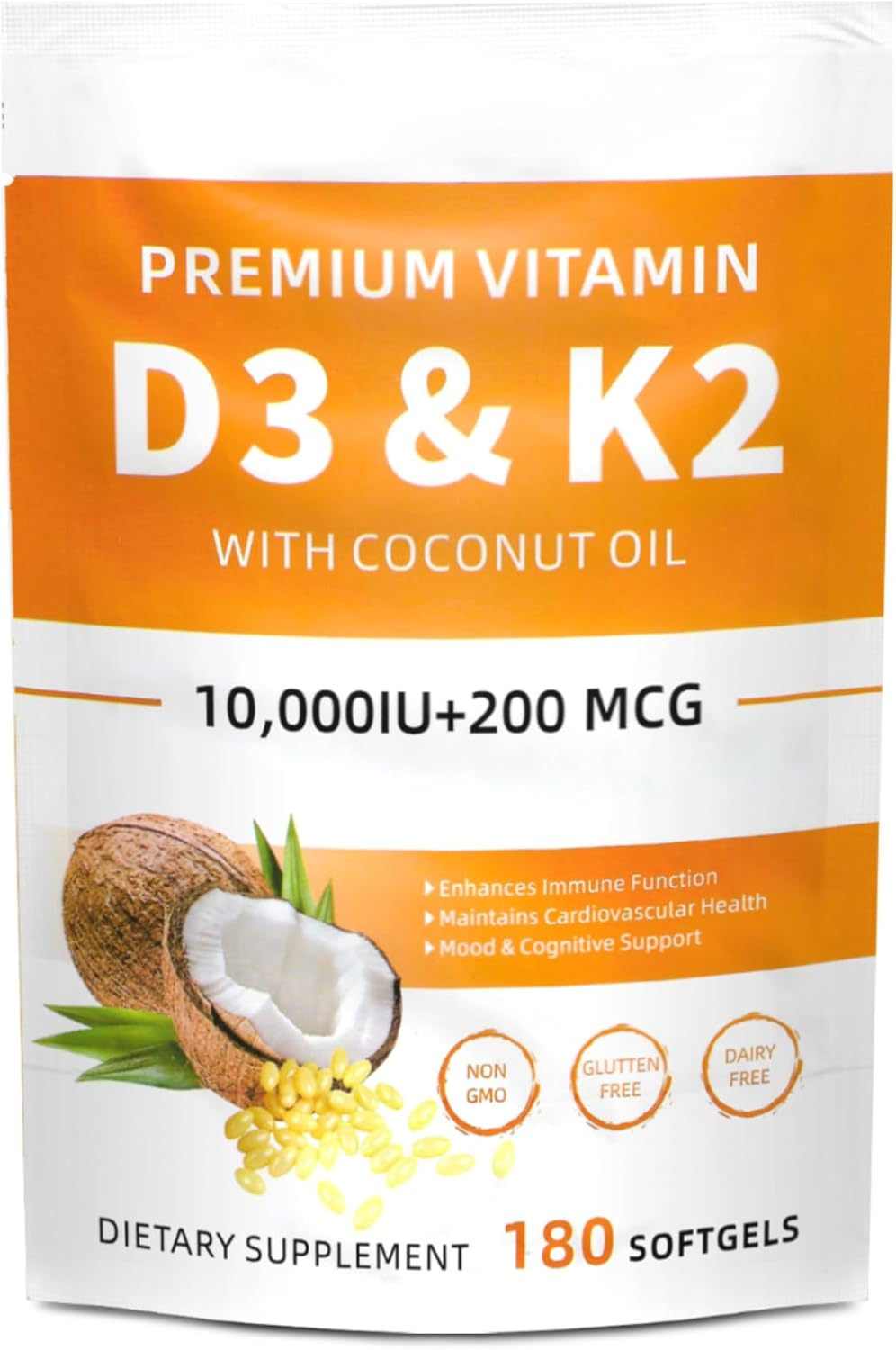 180 Count Premium Vitamin D3 K2 Supplement Softgels Vitamin D and K, Vitamin D3 10,000 IU with K2 (MK-7) 200 Mcg | 2-In-1 Supplement | Coconut Oil Softgels Easy to Swallow