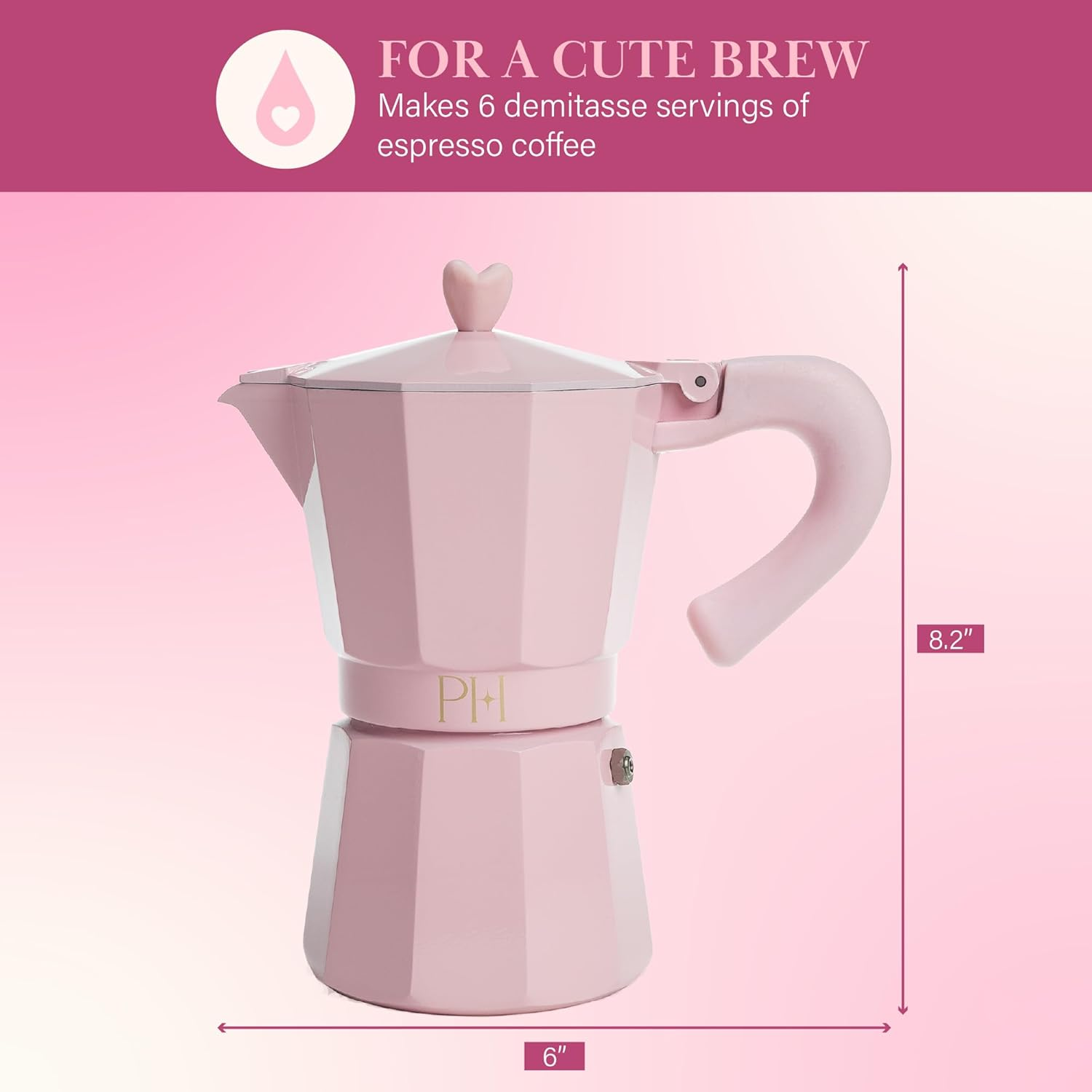 Paris Hilton Stovetop Espresso and Coffee Maker, Italian & Cuban Style Coffee Pot with Iconic Heart Knob, Perfect for Rich Aromatic Espresso, Makes up to 6 Espresso Cups, Pink image number 2
