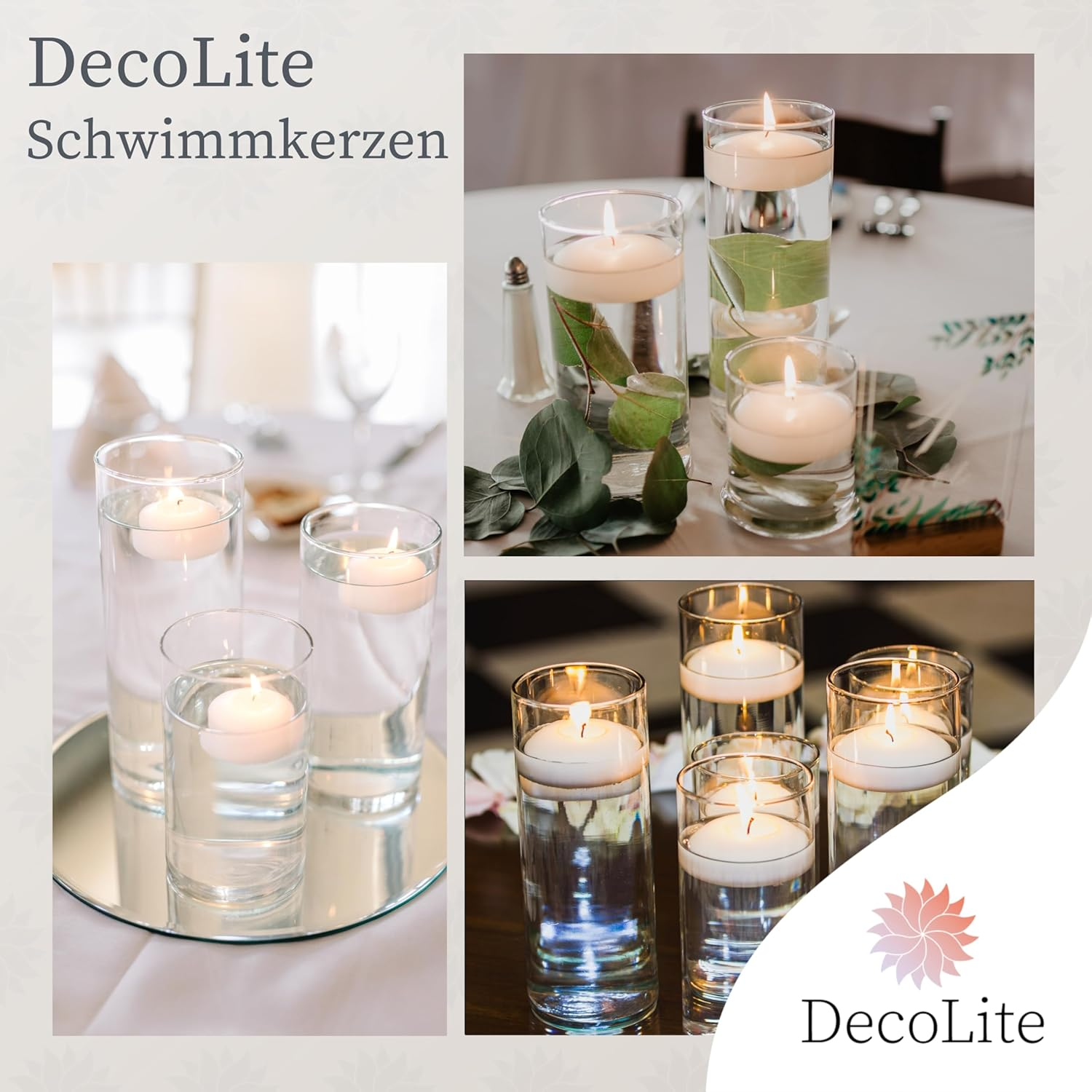 24 X Decolite Floating Candles, 30 X 45 Mm, White & Ivory, Floatable, RAL Certified, Soot-Free & Drip-Free, Decoration for Wedding, Summer Party, Wellness, Table Decoration, Practical (Cream)