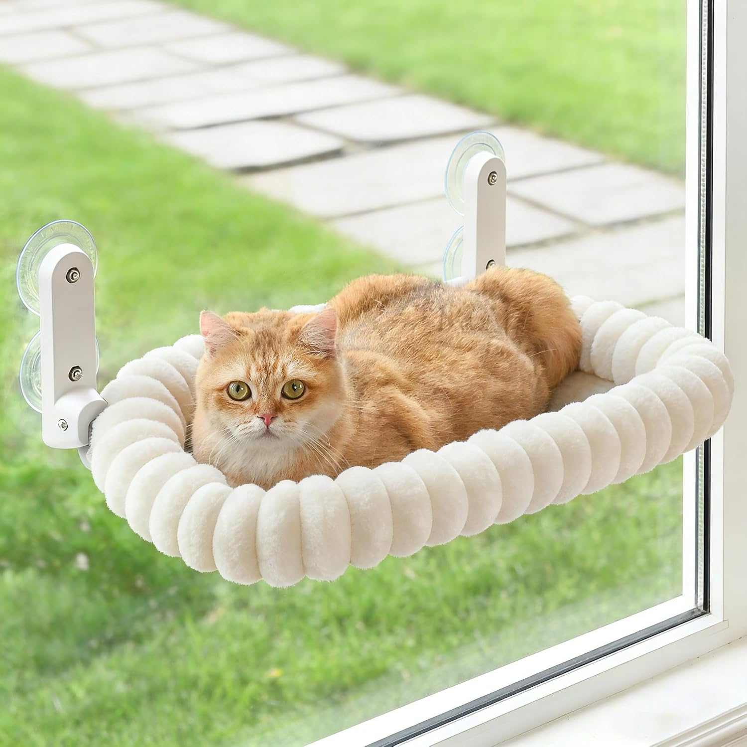 Zoratoo Cat Window Perch with Bolster, Cordless Foldable Cat Window Hammock with Strong Suction Cups & Metal Frame, Machine Washable Pet Bed for Indoor Cats (Green, Medium)