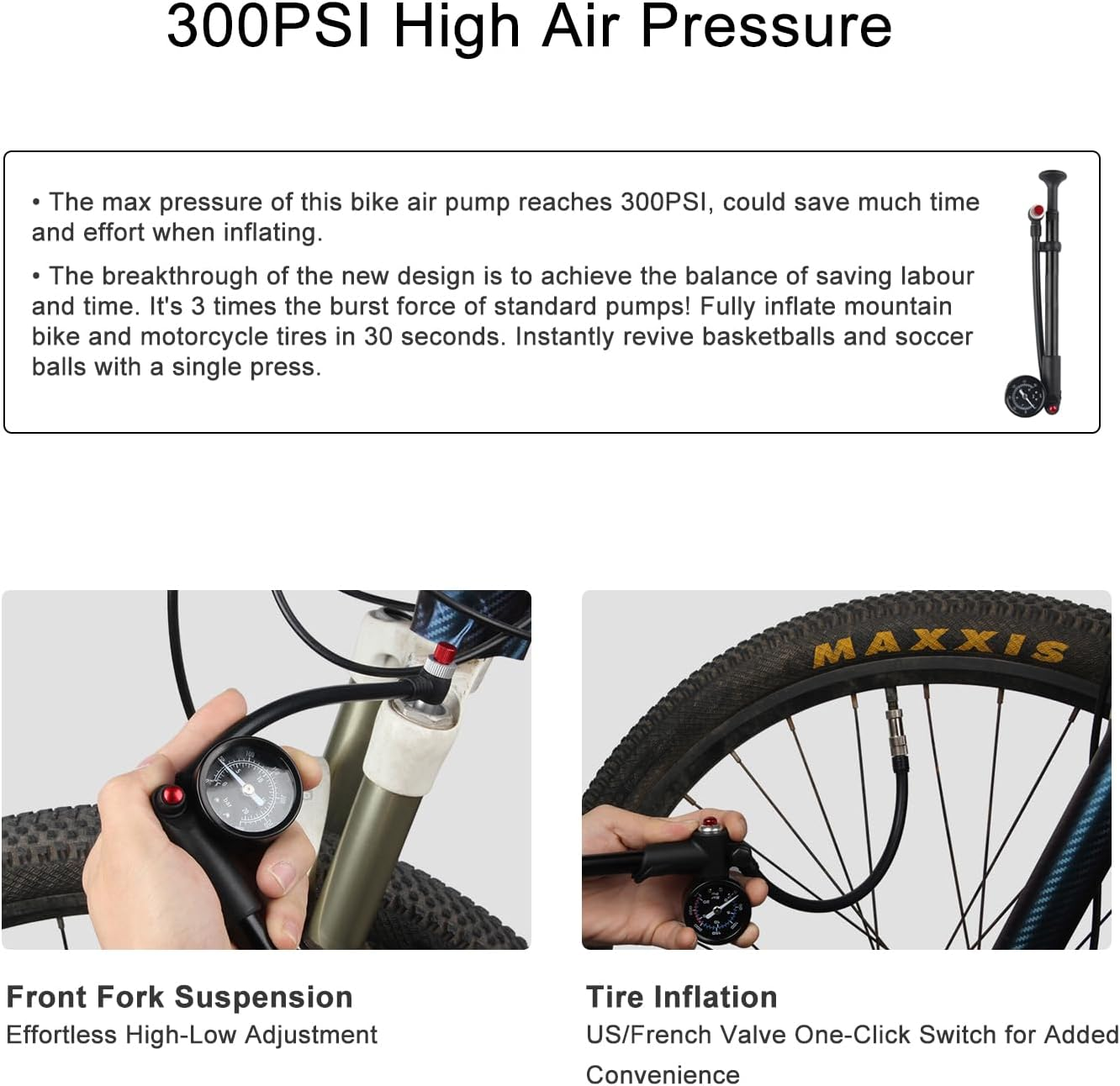 High-Pressure 300 PSI Bike Shock Pump, Bicycle Pump with Visual Dial, Front Fork & Rear Shock Suspension Portable Mini Pump with Air Bleed Button image number 1