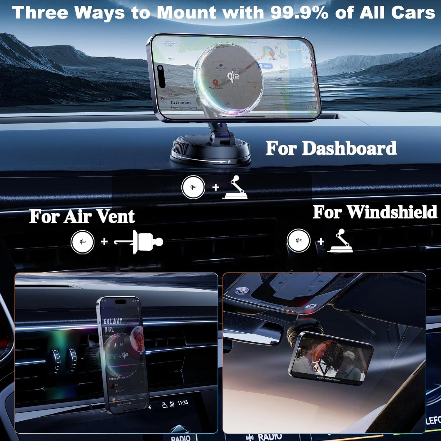 Qi2 15W Magnetic Wireless Car Charger, Qi2-Certified Car Mount Charger with Phone Cooling, Air Vent/Dashboard Magnetic Fast Charging Wireless Car Holder, for Iphone 17/16/15/14/13/12 image number 4