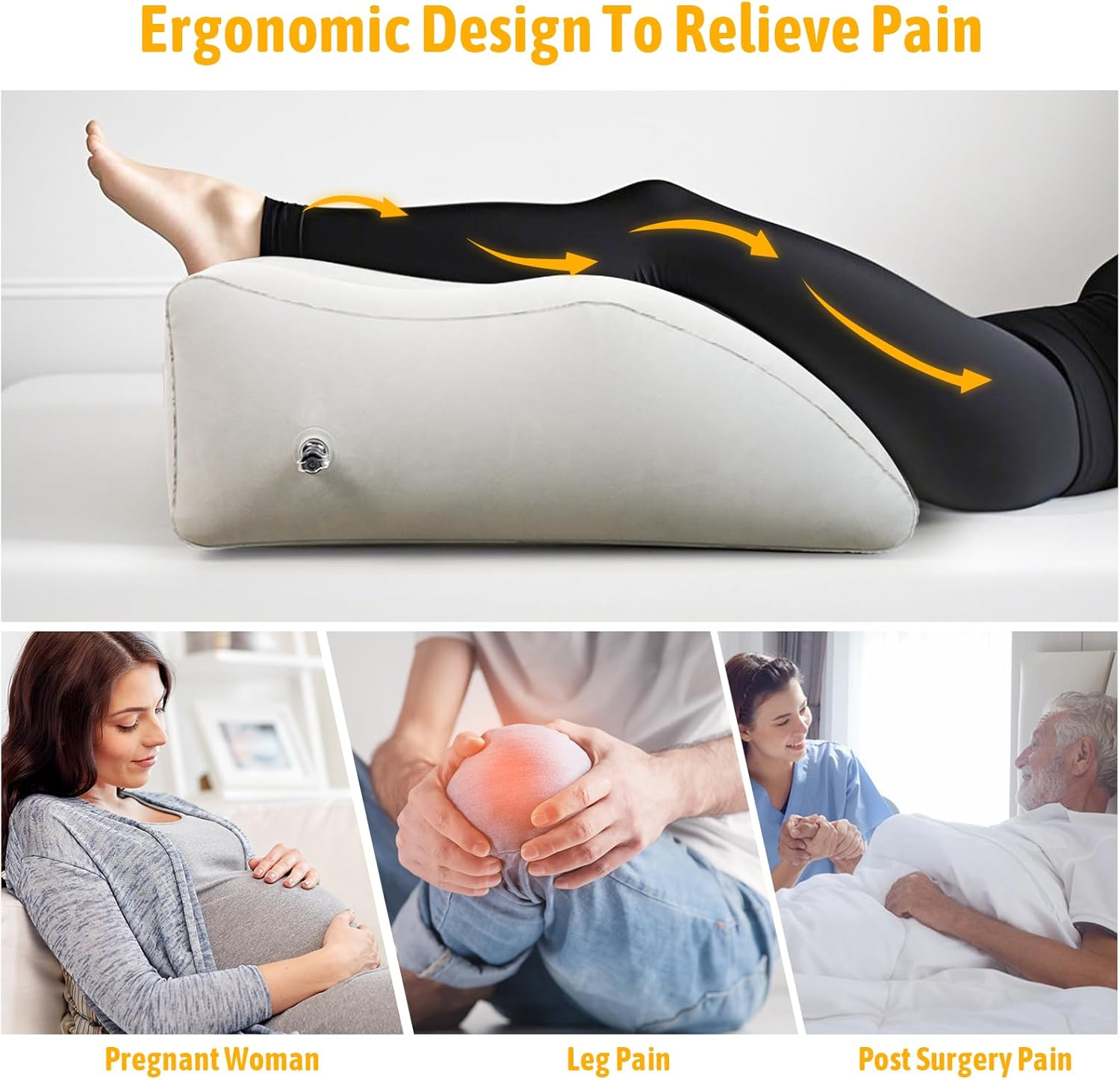 Bloomoja Inflatable Leg Elevating Pillow, Leg Wedge Pillow for Swelling, Blood Circulation, Back Pain, Edema Relief, Leg Support Pillow for after Surgery, 25.5" X 17.7" X 9.8", Grey