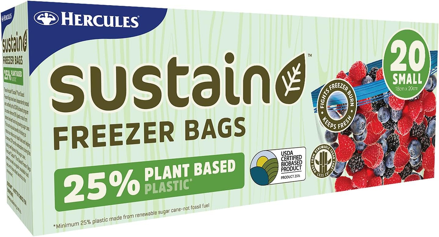 Hercules Sustain Plant Based Resealable Freezer Bags, Small (Pack of 20)