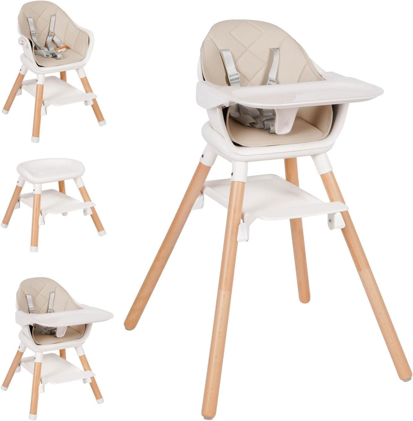 Baby High Chair, 6 in 1 Wooden Convertible High Chairs for Babies and Toddlers, Booster Seat with Double Tray & Reversible Footrest Baby Highchair, 5-Point Harness Baby Feeding Chair (Beige) image number 6