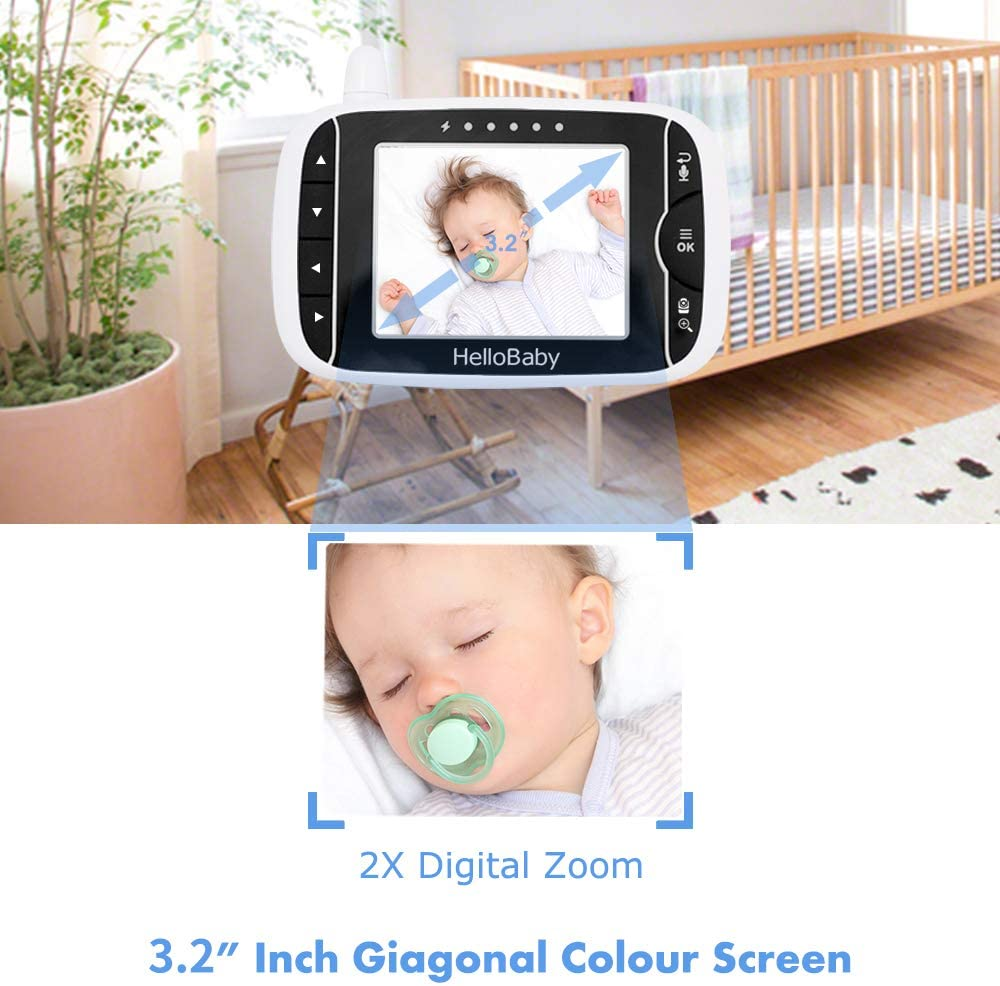 Hello Baby Monitor with Camera and Audio,3.2" Screen, 2.4Ghz Video Baby Monitor with Night Vision, Temperature Display, Lullabies, 960Ft Long Range No Wifi,High Capacity Battery image number 2