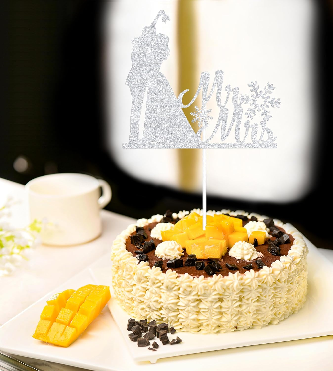 Winter Wedding Cake Topper, Mr & Mrs Cake Decorations, Snowflakes Wedding Decor, Snow in Love, Christmas Winter Engagement Party Supplies Silver Glitter image number 3