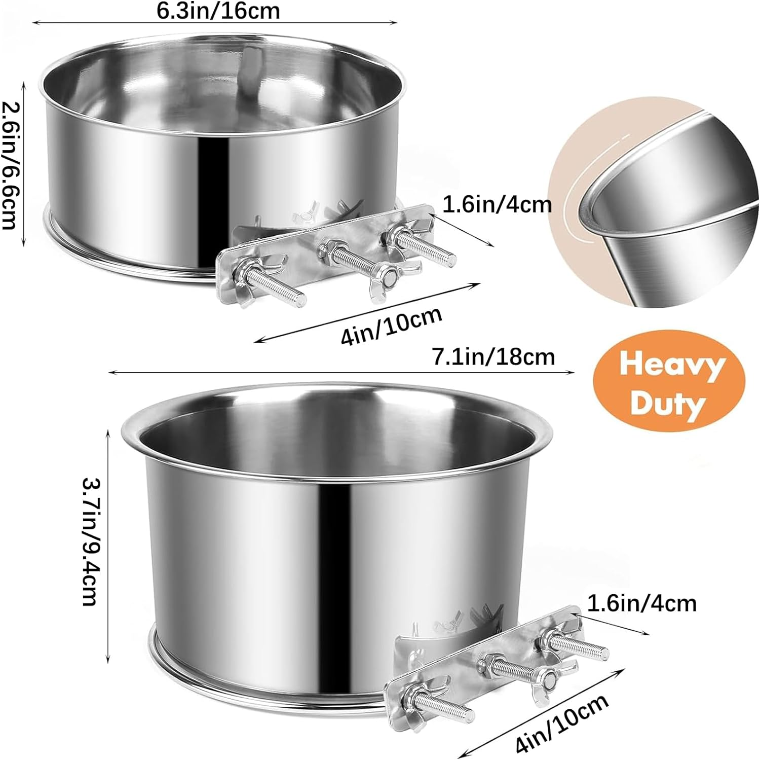 Dog Crate Water Bowl No Spill, PRENDIEEN 2 Pack Stainless Steel Large Dog Water Bowls for Cage, Crate, Kennel - Hanging Detachable Pet Water/Food Bowl for Indoor & Outdoor (18X9.4 & 16X6.6Cm) image number 1
