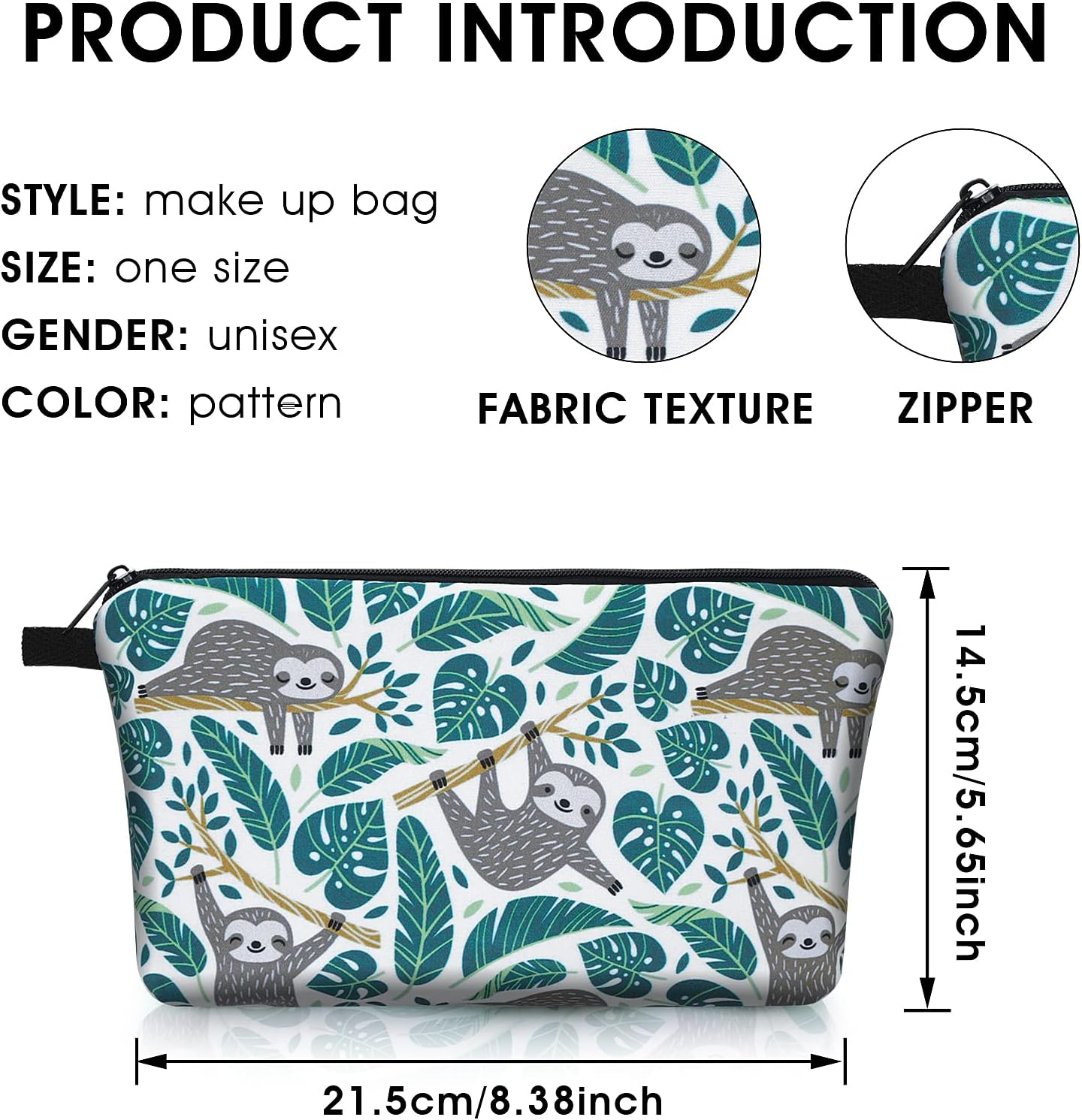 Sibba Canvas Cosmetic Bag Handbag Small Pouch Purse Zipper Pencil Case Toiletry Organizer Storage Beauty Makeup Travel Accessory for Teen Girls, Green Sloth, 21.5 X 14.5 X 1.5 Cm, Bag Organiser image number 1