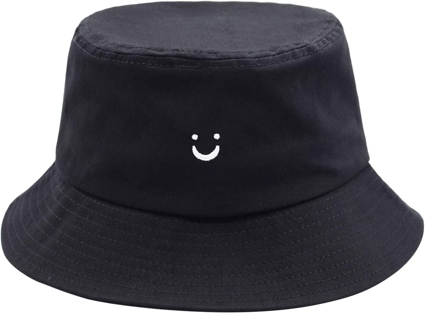 Bucket Hat Unisex 100% Cotton Smile Face Embroidery Reversible Hat Travel Bucket Beach Sun Hat Outdoor Cap