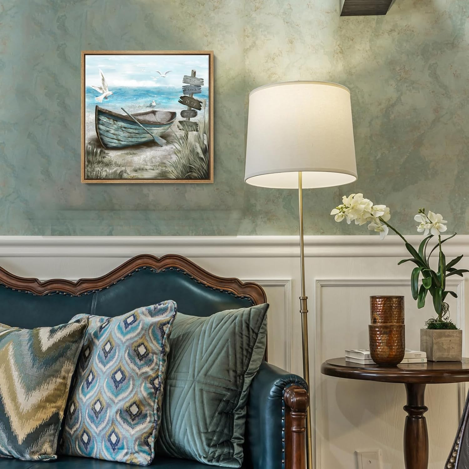 Framed Wall Art Beach D&eacute;cor Ocean Canvas Picture Coastal Artwork Sea Bird Boat Blue Tan Small Rustic Beachy Canvas Print for Bathroom Bedroom Living Room image number 1