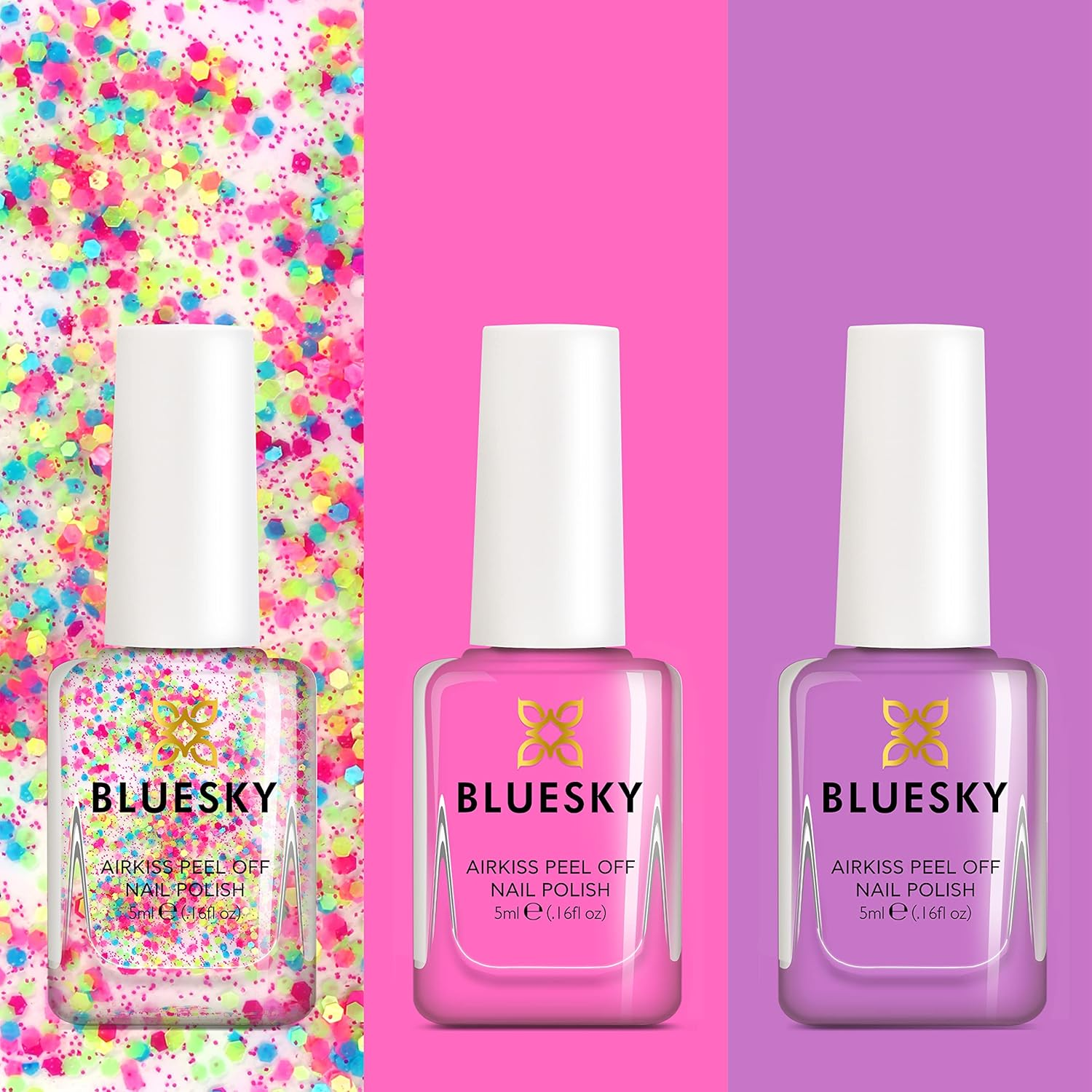 Bluesky Kids Nail Varnish Set - Party Time Collection. Pink,Purple,Confetti Glitter. Easy Peel-Off,Non-Toxic,Water- Based,Odour-Free Nail Polish for Kids,Gift Set,3 X 5Ml Stickers Kids-Party-Time