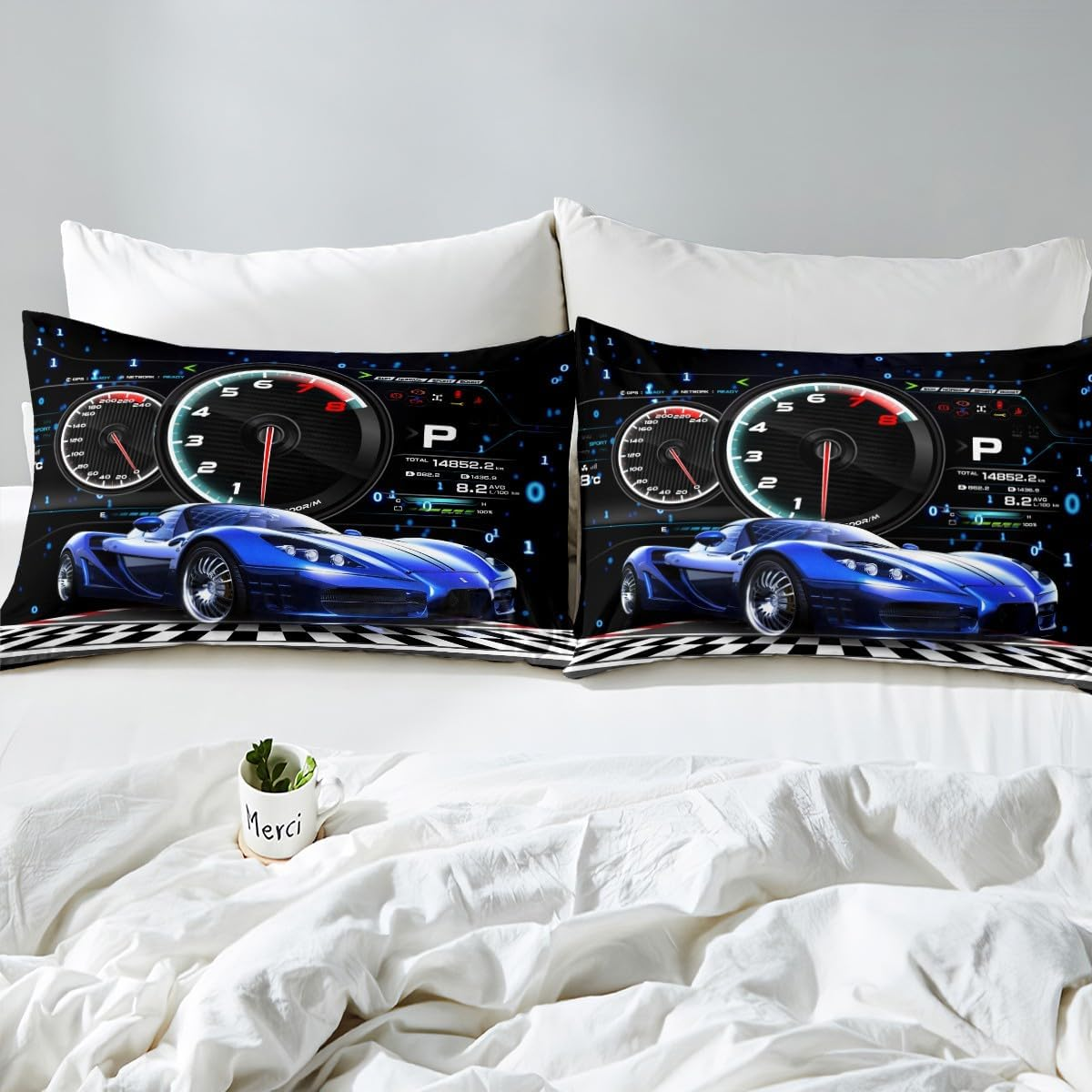 Homemissing Racing Car Duvet Cover Set, Blue, Racing Car Bedding Set, 135 X 200 Cm, for Boys and Girls, Racing Car Bed Set, Speed Sports Car Duvet Cover, Decorative (No Comforter)