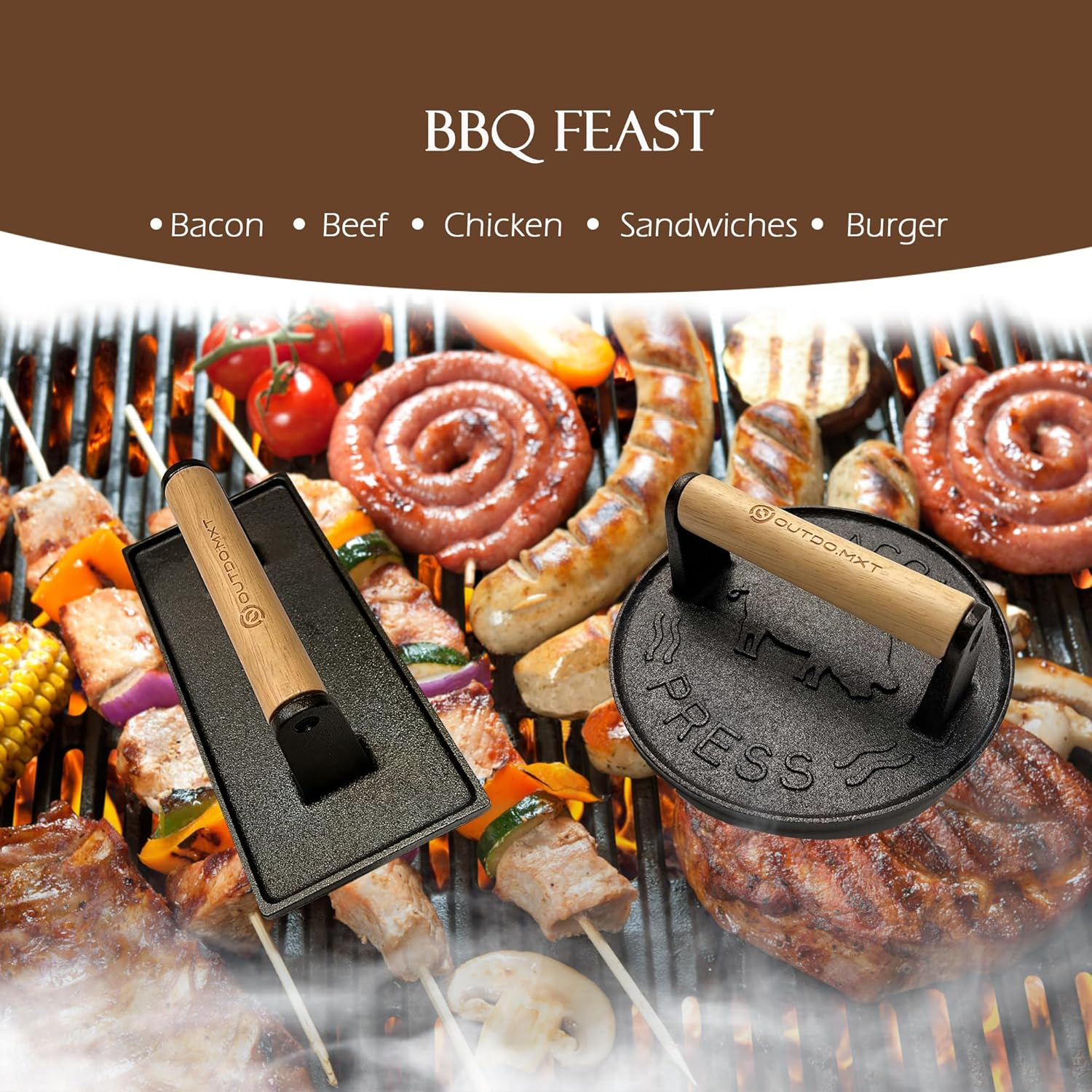 OUTDO.MXT Cast Iron 7" & 8.5" X 4.3" Smash Burger Press, Heavy Duty Burger Smasher with Wooden Handle and Silicone Protective Cover for Griddle,Grill Press for Hamburger, Bacon, Barbecue Grilling Tool image number 4