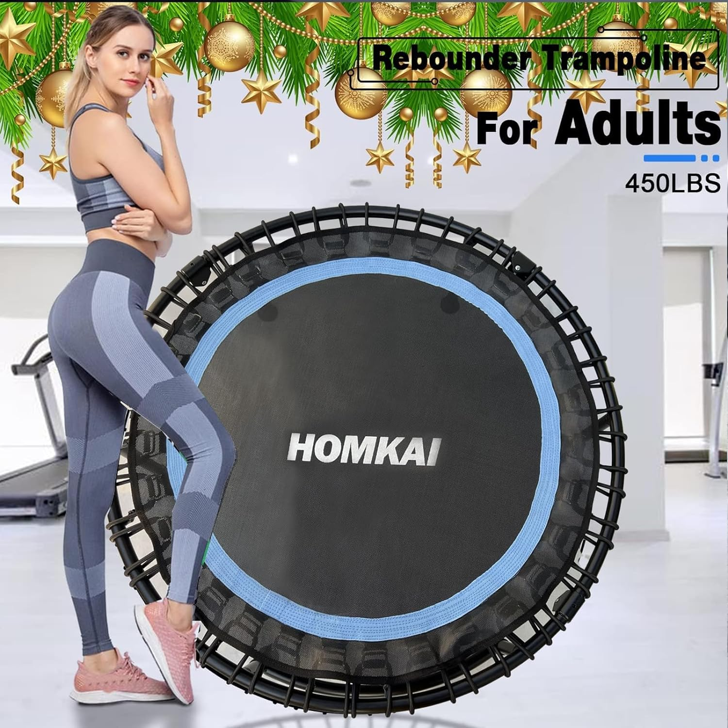 HOMKAI 48" Foldable Mini Trampoline Rebounder,Fitness Trampolines,T Shape Adjustable Foam Handle, Stable & Quiet Exercise Rebounder for Kids Adults Indoor Outdoor Workout, Blue image number 6