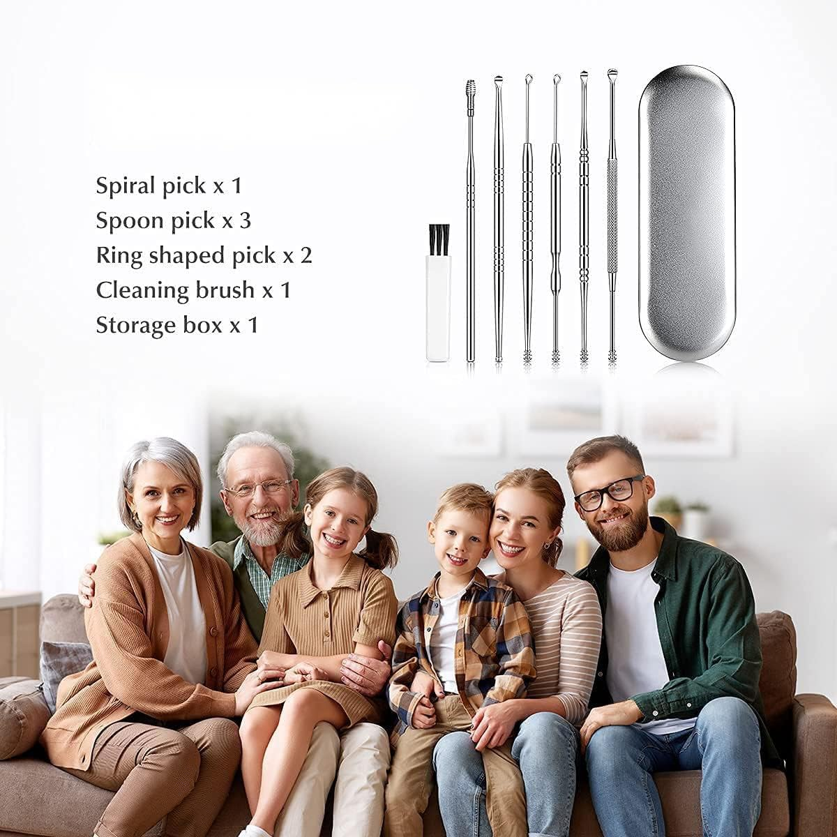 6PCS Ear Care Earwax Cleaner Scoop Removal Kit-Stainless Steel Ear Pick Remover Curette Tools with Storage Box and Clean Brush