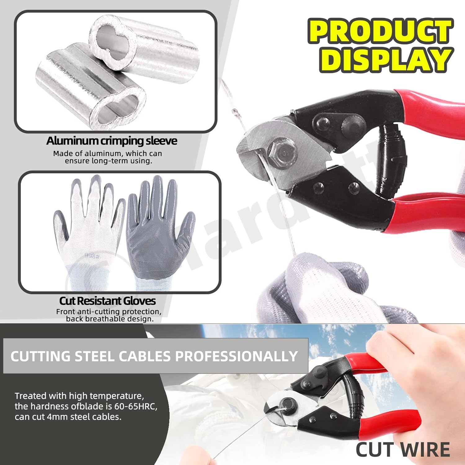 Mardatt 117Pcs Cable Wire Cutter Set Includes 8" Cable Cutter, 5 Sizes Aluminum Crimping Loop Sleeve & Wire Cable Thimbles and Anti-Cutting Gloves