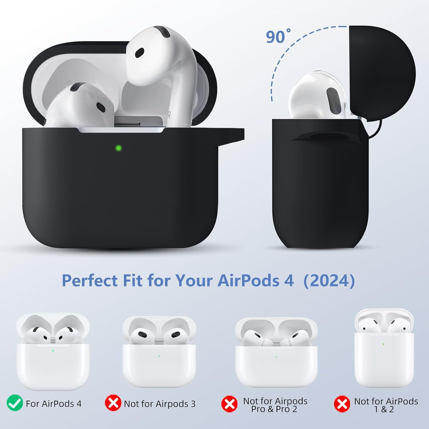 Ouwegaga Compatible with Airpods 4Th Generation Case Cover(2024), Soft Silicone Full Protective Cover for Airpods 4 Case with Keychain, Compatible with Apple Airpods 4 Case for Women Men, Black