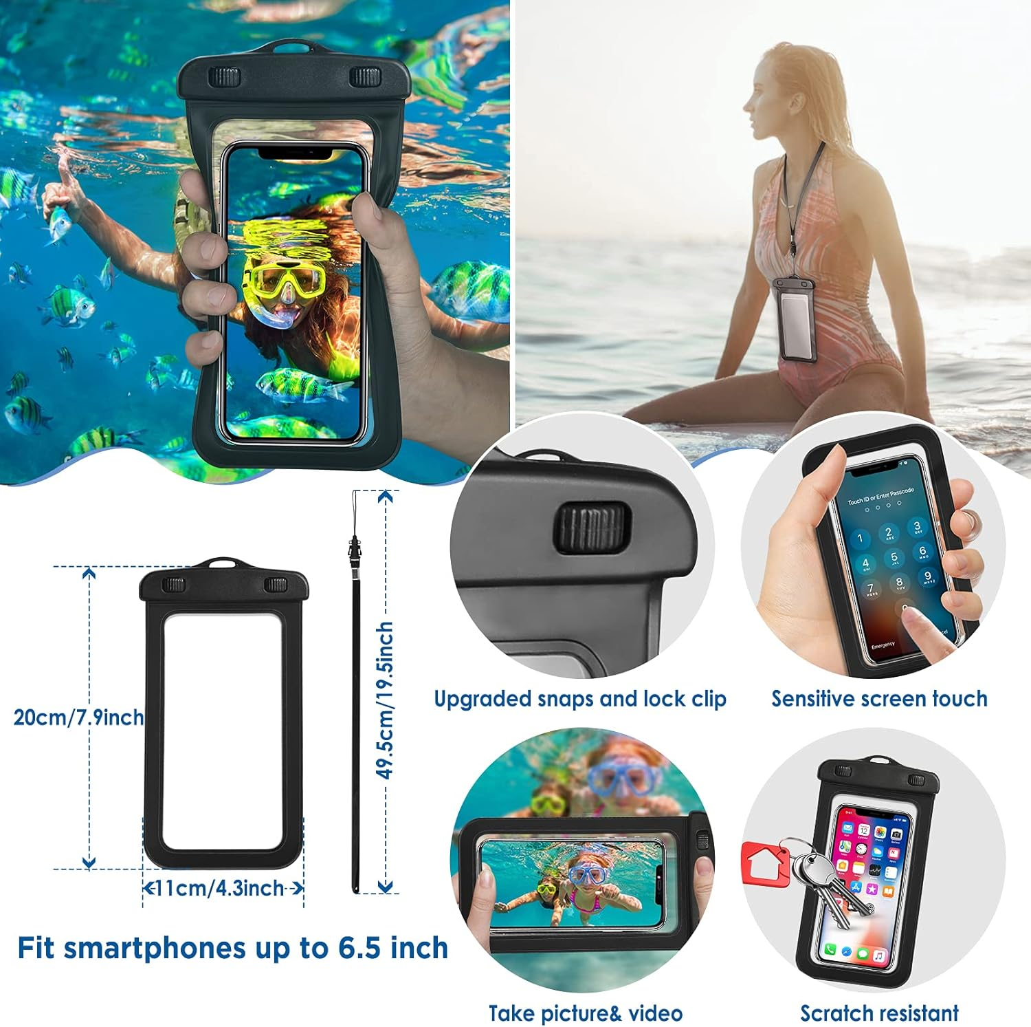 Simpeak 3PCS Universal Waterproof Phone Pouch Case/Waterproof Pouch Bag with Waist Strap 8.6 X6 Inch / 20L Waterproof Dry Bag for Water Sports Activities image number 6