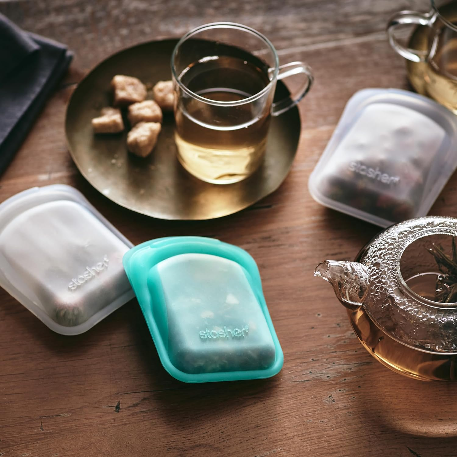 STASHER Reusable Silicone Pocket Set Snack Bag 22Ml | 100% Plastic-Free | Airtight Seal | Microwave, Dishwasher, Fridge, Freezer & Oven Safe | Pure Platinum Silicone | Non-Toxic - Clear & Aqua image number 5