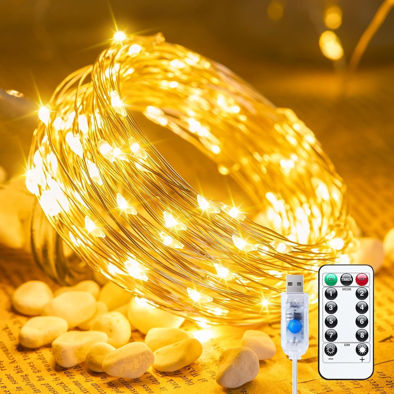 10M 100LED USB Fairy Lights Plug in with Remote, Twinkle String Light with Remote and Timer, Waterproof 8 Modes Starry Lights for Indoor Wreath DIY Party Wedding Christmas Decoration, Warm White