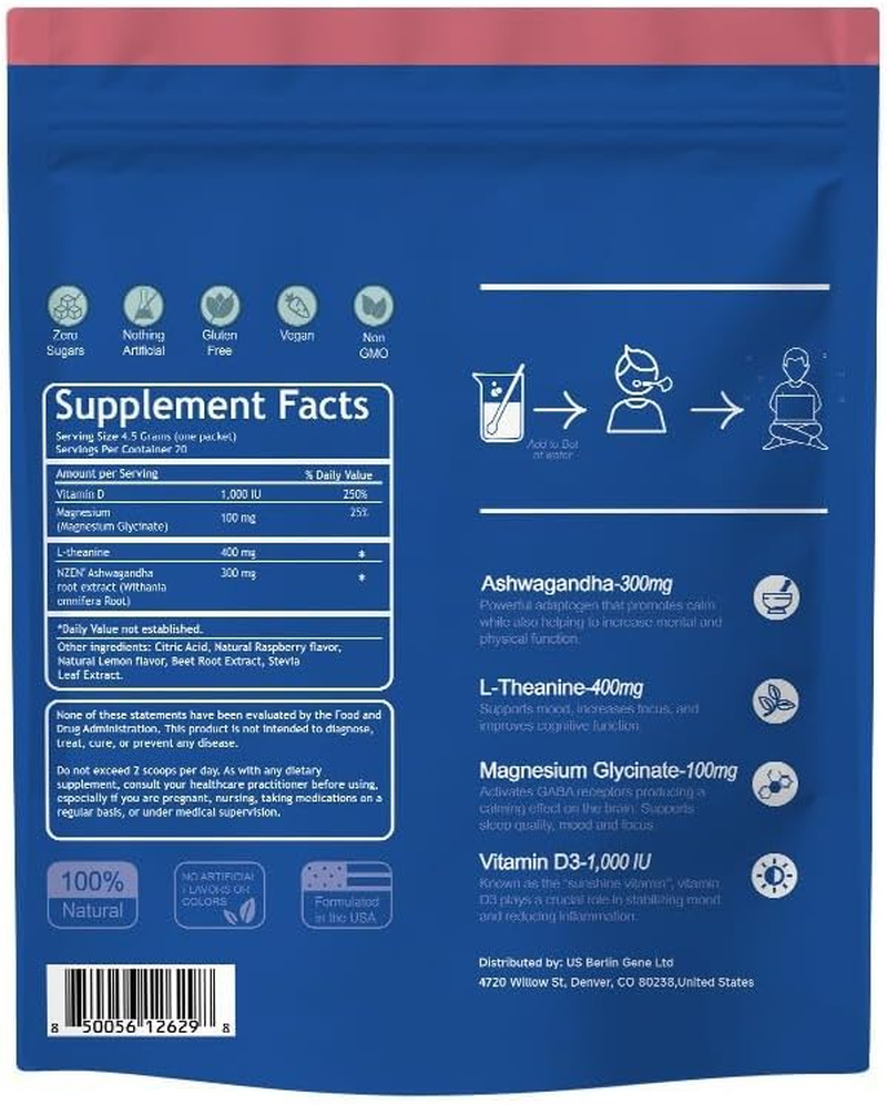 Laclassic Powdered Drink Mix,Raspberry Lemonade Flavour,With L-Theanine,Ksm-66 Ashwagandha,Magnesium Glycinate, Vitamin D3,Relaxation Supplement
