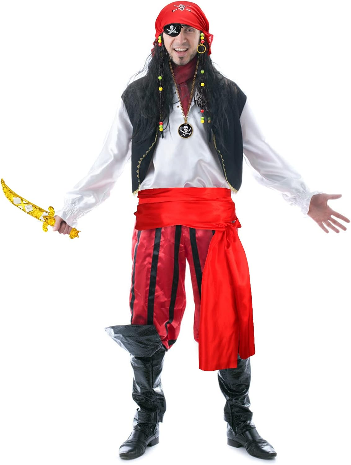 Pirate Wig with Dreadlocks Pirate Costume Accessories Set Headcloth Waist Sash Skull Necklace Eye Patch Plastic Dagger for Halloween Pirate Themed Dress up Party image number 4