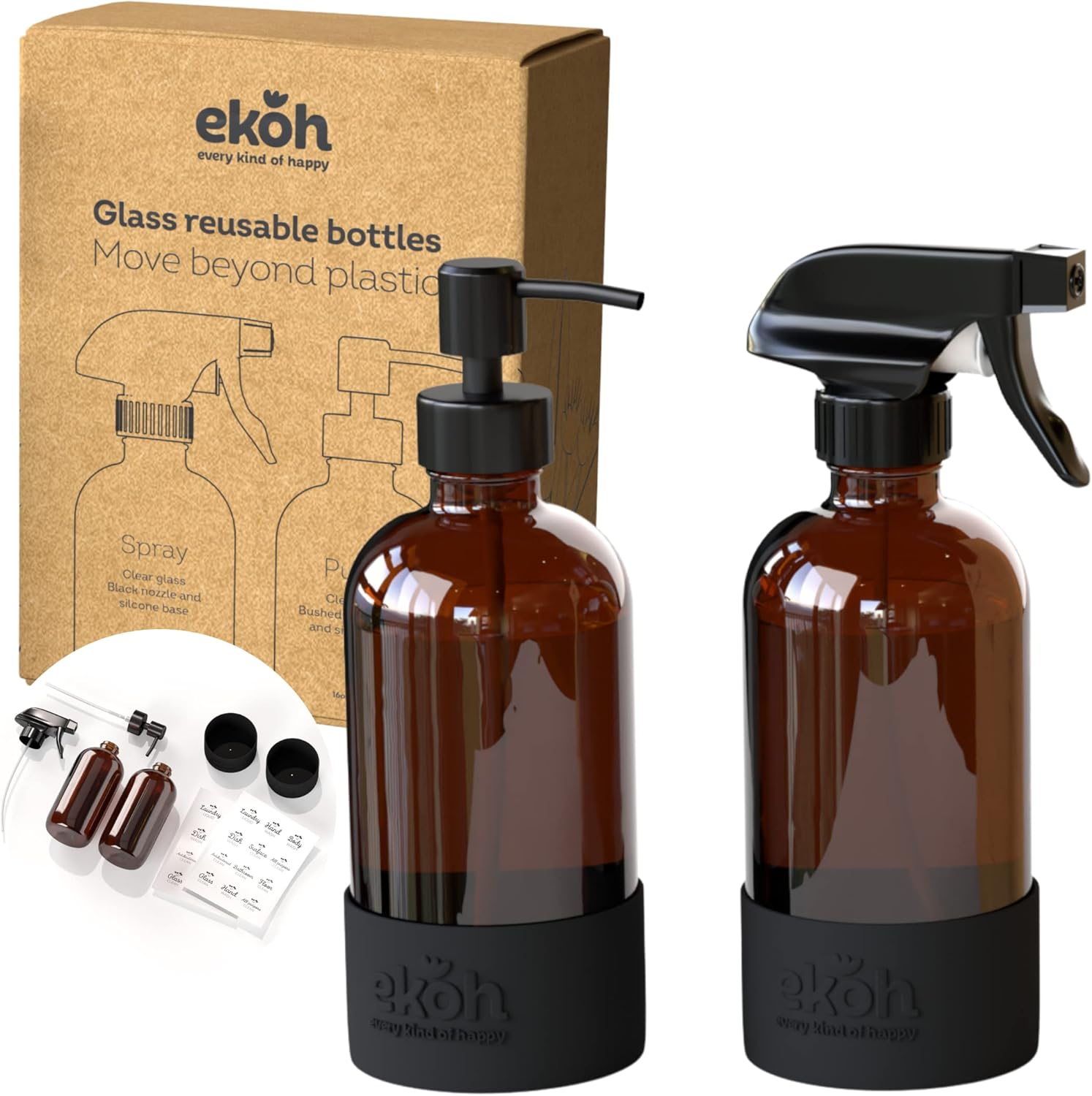 EKOH 2 Pack Glass Bottles 500Ml &ndash; Refillable Pump & Spray Dispensers for Kitchen, Bathroom, Soap, Lotion, Handwash, Dish Soap, Eco-Friendly & Reusable (Amber)