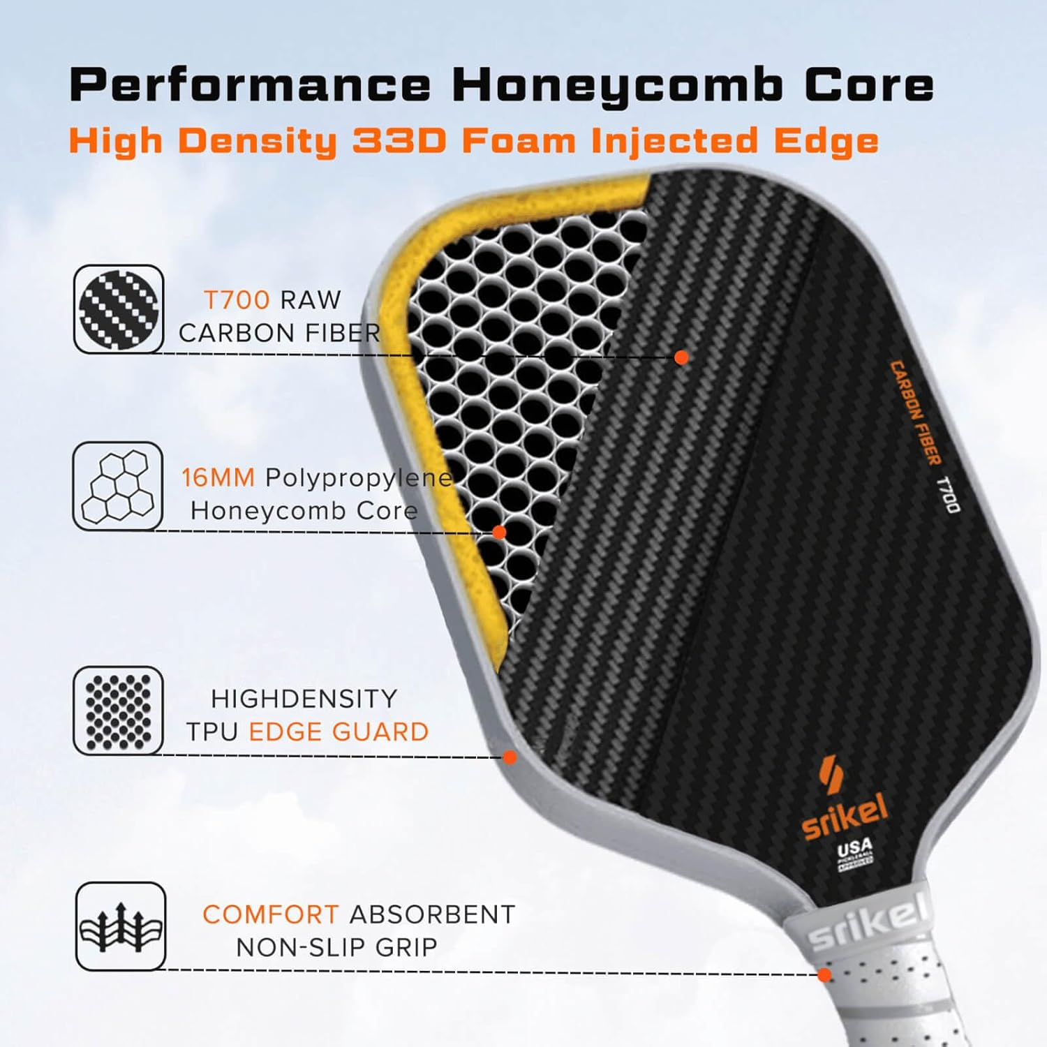 Carbon Fiber Pickleball Paddle 3K Thermoformed Raw Carbon Fiber Pickleball Paddle Lightweight Pickleball Rackets 16Mm Polypropylene Honeycomb Core Designed for Great Spin Power&Control image number 6