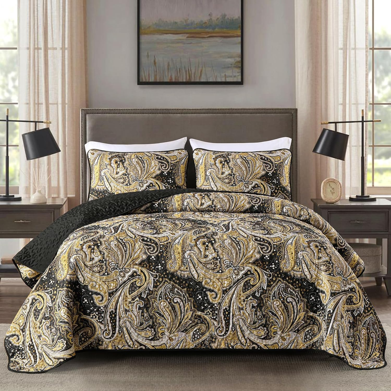 Black Paisley Quilt Set Queen Size Boho Bedspread Coverlet Set 3 Pieces, Soft Lightweight Black and Gray Paisley Floral Pattern Bedding for All Season, 96''X90''