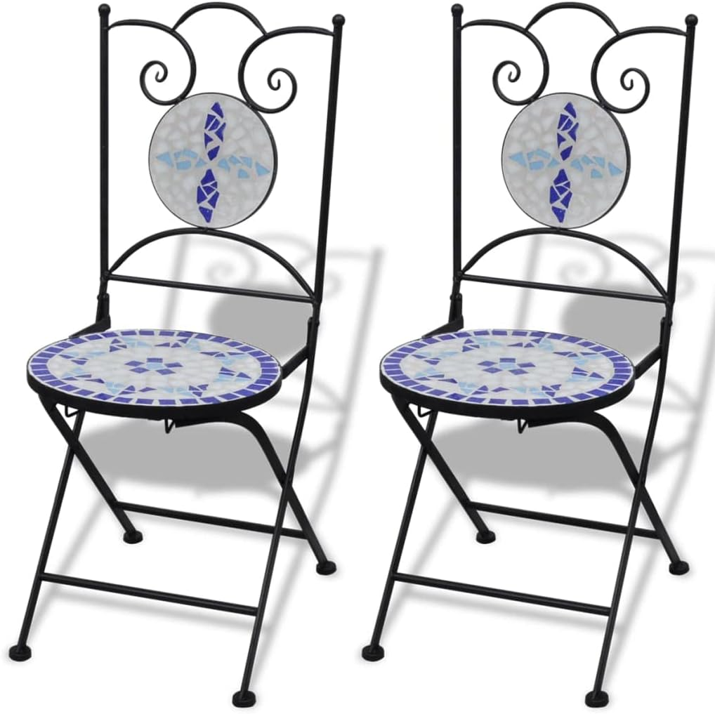 Vidaxl 3 Piece Bistro Set - Ceramic Tile Blue and White - Sturdy Iron Frame - Perfect for Garden, Balcony, or Patio - Includes 1 Table & 2 Chairs image number 1