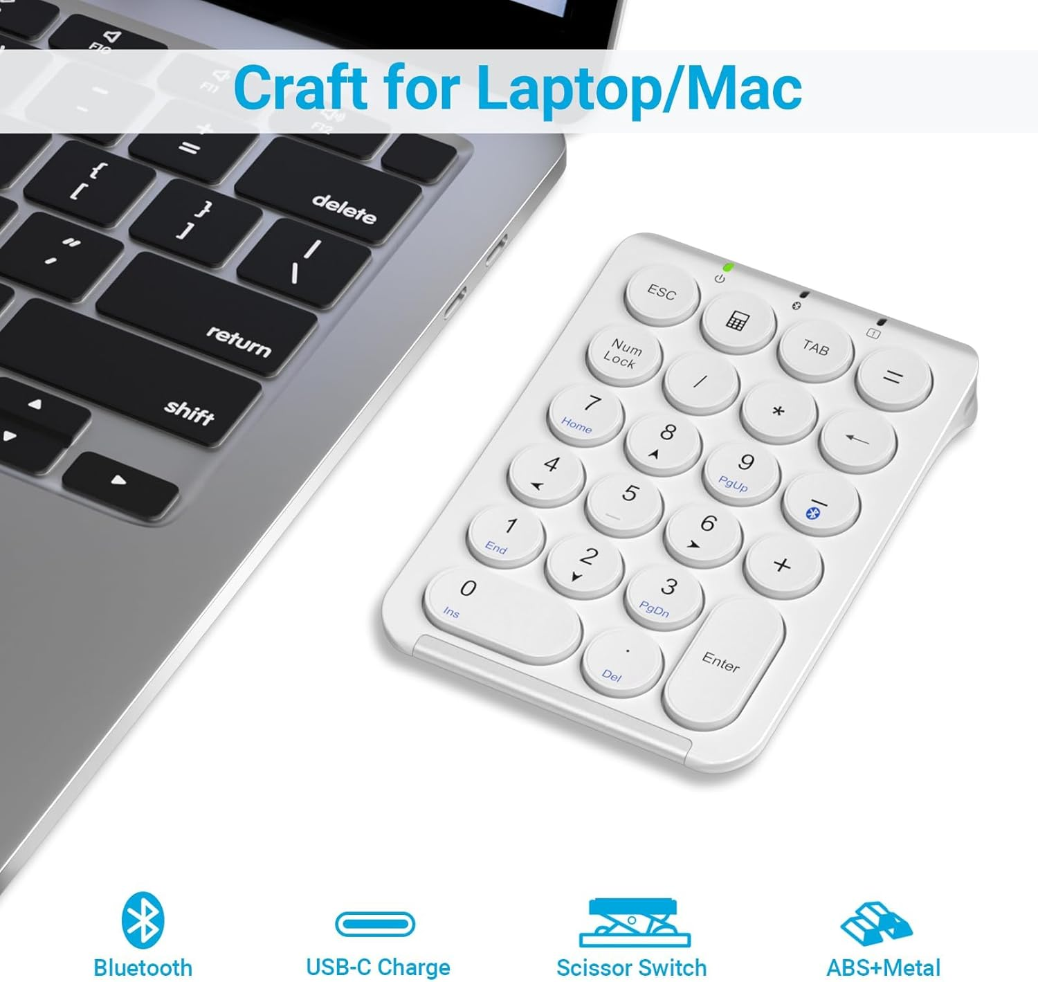 Iclever KP08 Wireless Numeric Keypad, 22 Keys Bluetooth Number Pad Portable Number Keyboard, USB-C Rechargeable, round Key, Financial Accounting, Compatible with Laptop PC Desktop, Mac, Surface,Tablet image number 4