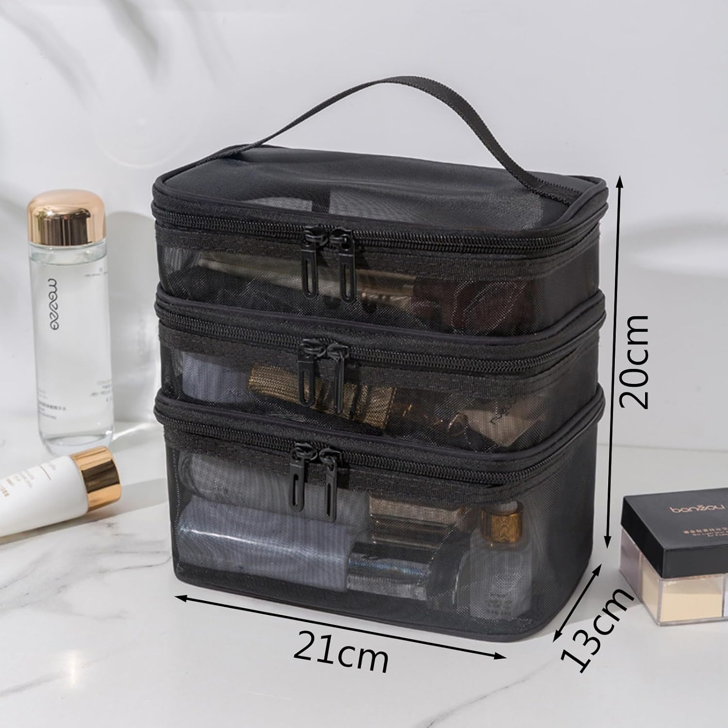 TRADERPLUS Triple Double Layer Travel Makeup Bag Mesh Bag for Women Cosmetic Cases Make up Organizer Toiletry Bags (Black) - Red image number 3