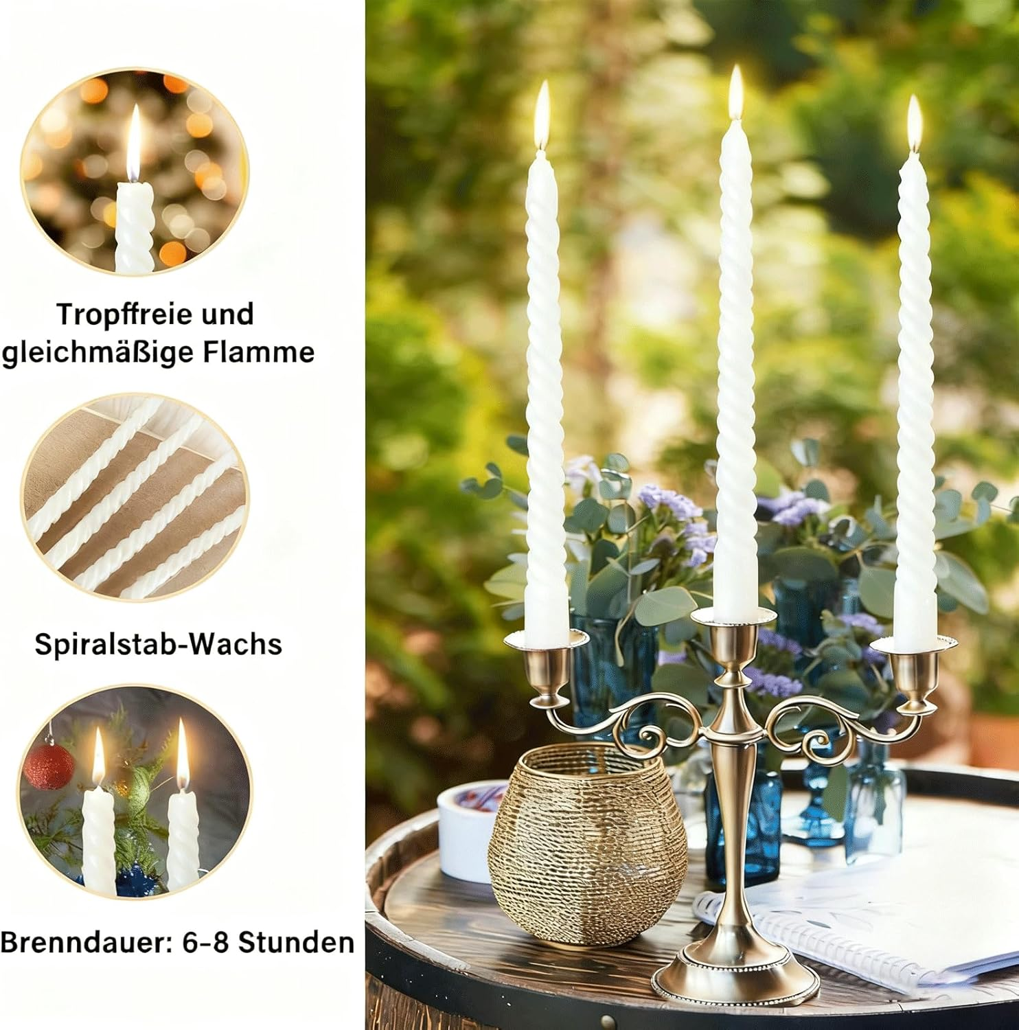 VIKY Pack of 8 Tapered Candles Drop Candles 25 Cm Long - 8 X Pure White Candles - Twisted Taper Candles in White for Christmas Decoration, Elegant Table Decoration, Wedding, Candle Aesthetic Odourless image number 3