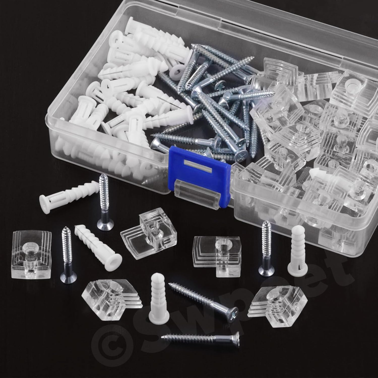 Swpeet 30 Sets Clear Plastic Mirror Holder Clips Kit with Screws, Retainer Clips Kit, Mirror Hanging Kit, Clear Plastic Mirror Mounting Clips, Mirror Hanging Hardware for Fixing Cabinet Door(E Style) - E image number 3