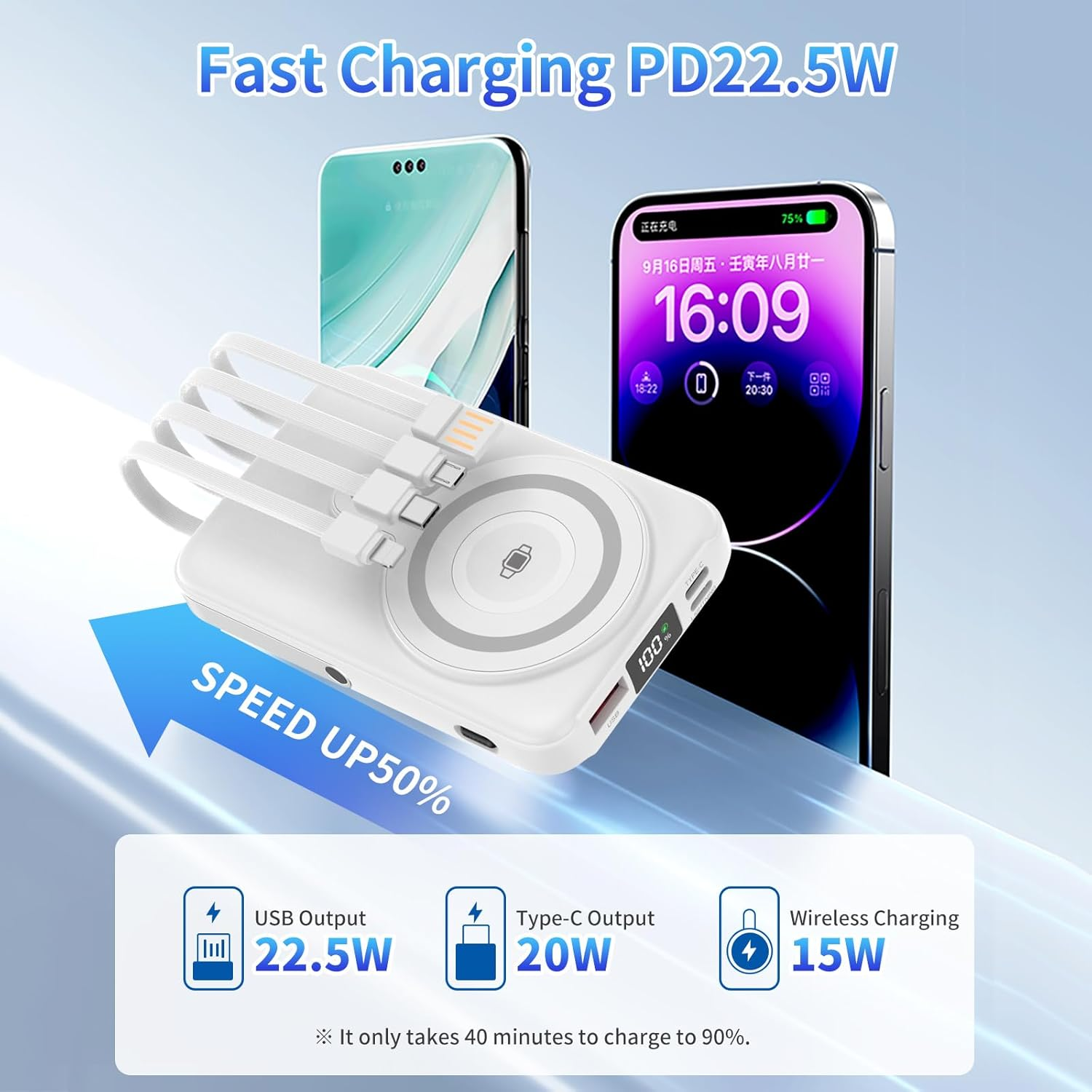 Power Bank 20000Mah, PD20W/22.5W Portable Charger, Magnetic Mobile Power Wireless Charger, Large Capacity Small Battery Pack Built in 4 Charging Cable, Powerbank for Iphone17/15/14/13 Series(White) image number 4